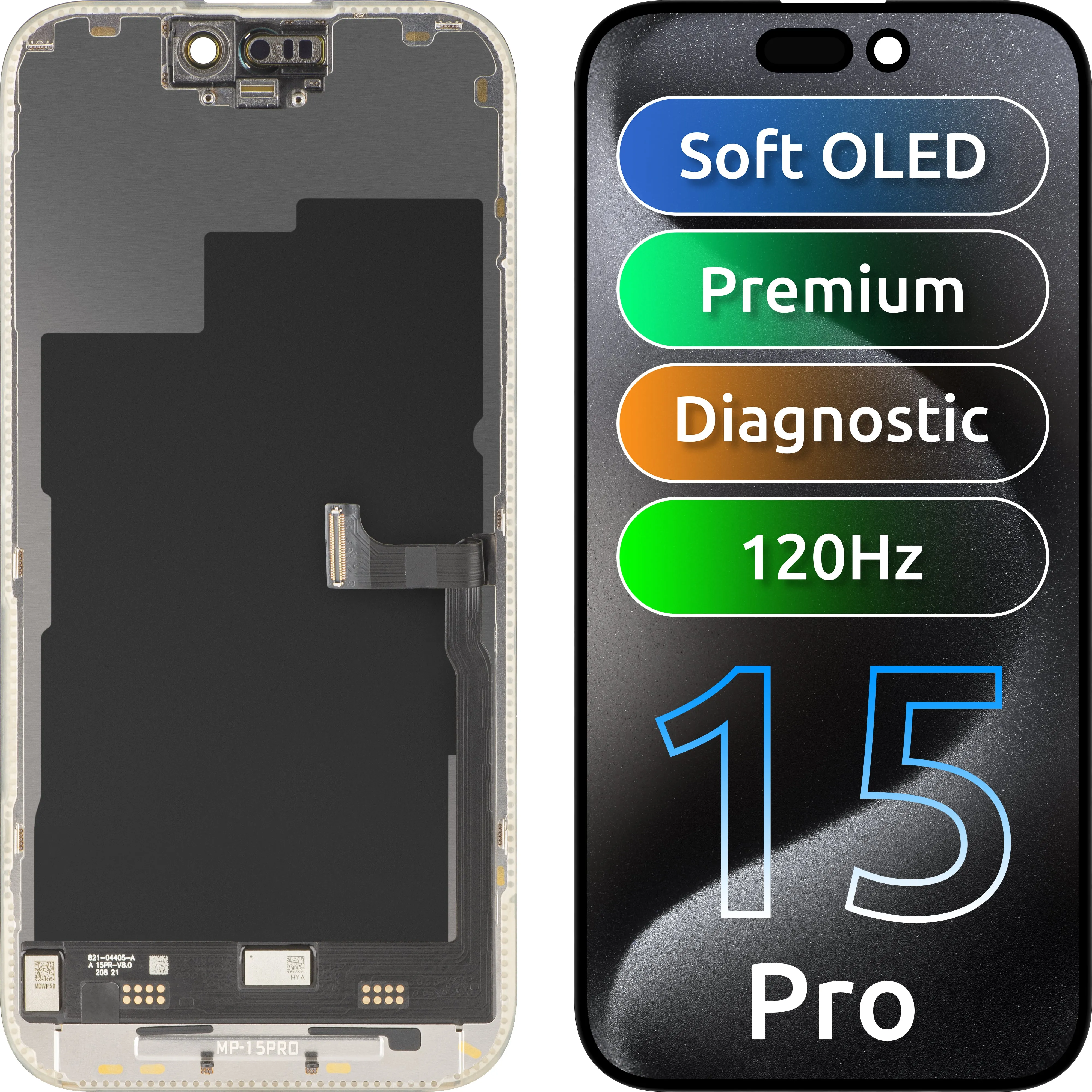 Display con Touchscreen MP compatibile con Apple iPhone 15 Pro, con Cornice, Versione Premium Soft OLED FHD 120Hz Diagnostico, Nero - immagine 1
