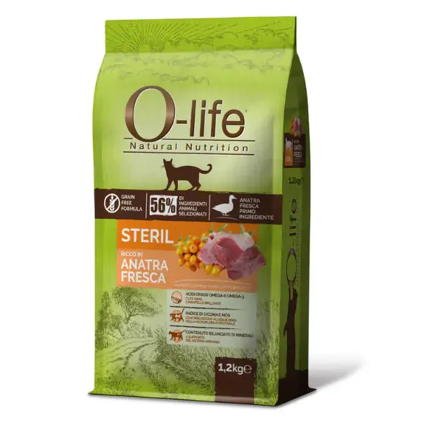 O-life Cat Adult Sterilised Grain Free Anatra fresca 1,2 kg - Croccantini per gatti - immagine 1