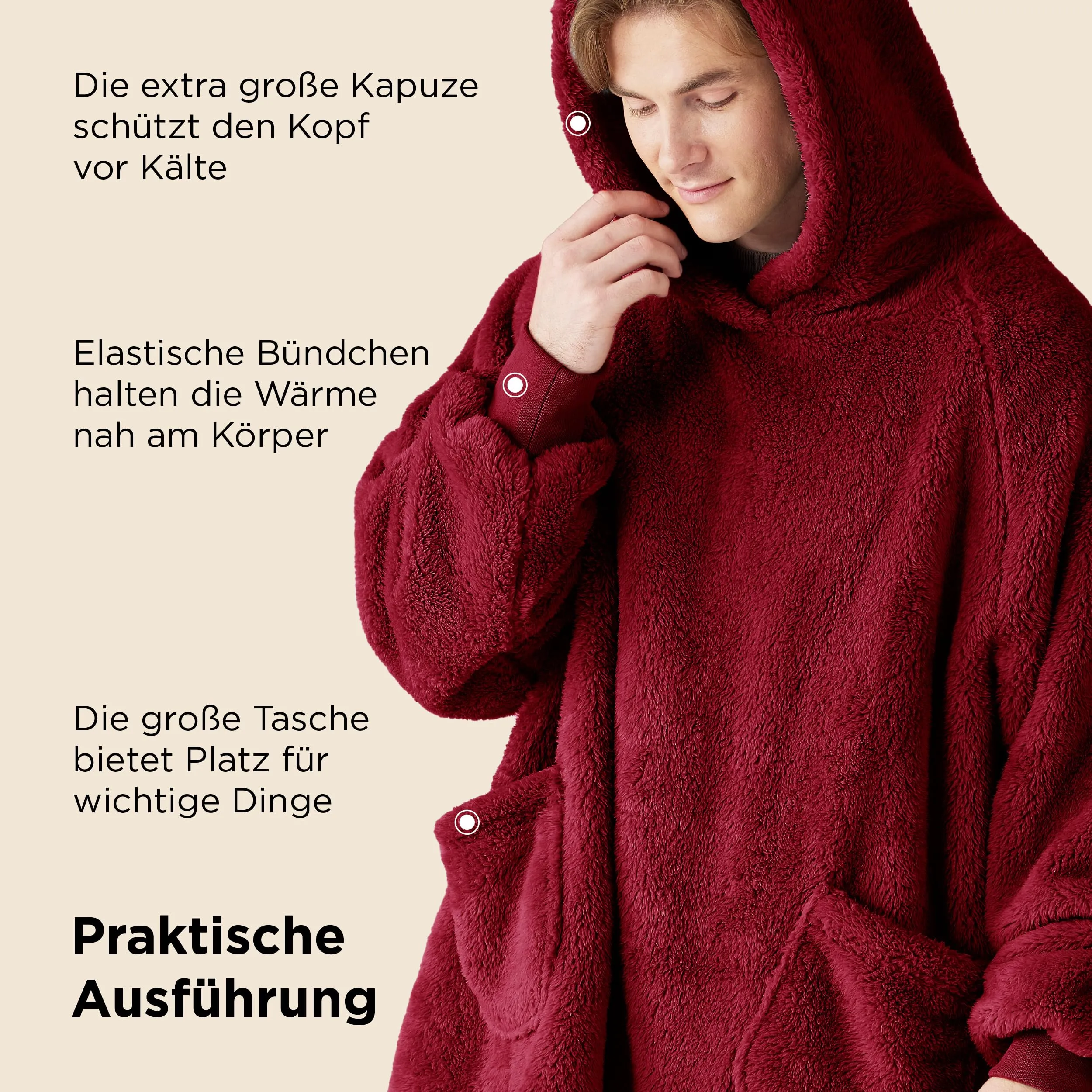 Bedsure Coperta con Cappuccio e Maniche Regalo Bordeaux - 95x85cm - immagine 6