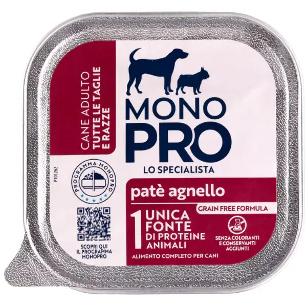 Monopro lo specialista Adult All Breeds Patè Grain Free 150 gr Agnello - confezione da 6 pezzi - Umido monoproteico cane - immagine 1