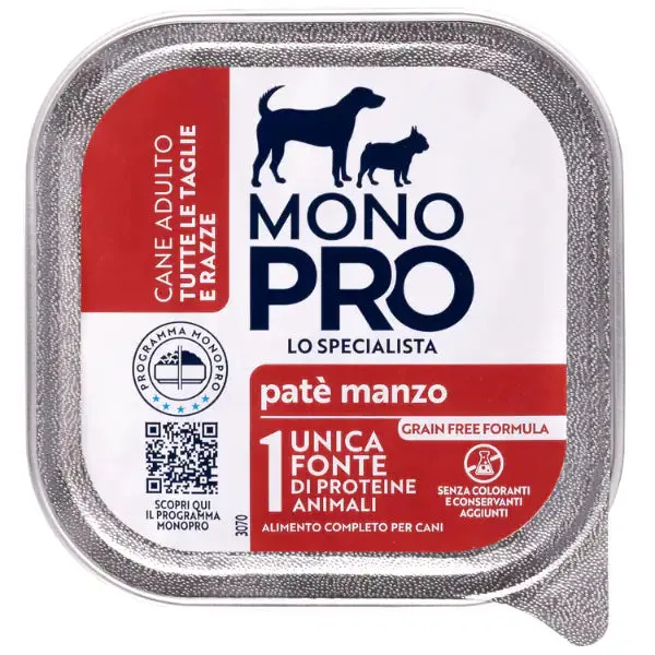 Monopro lo specialista Adult All Breeds Patè Grain Free 150 gr Manzo - confezione da 6 pezzi - Umido monoproteico cane - immagine 1