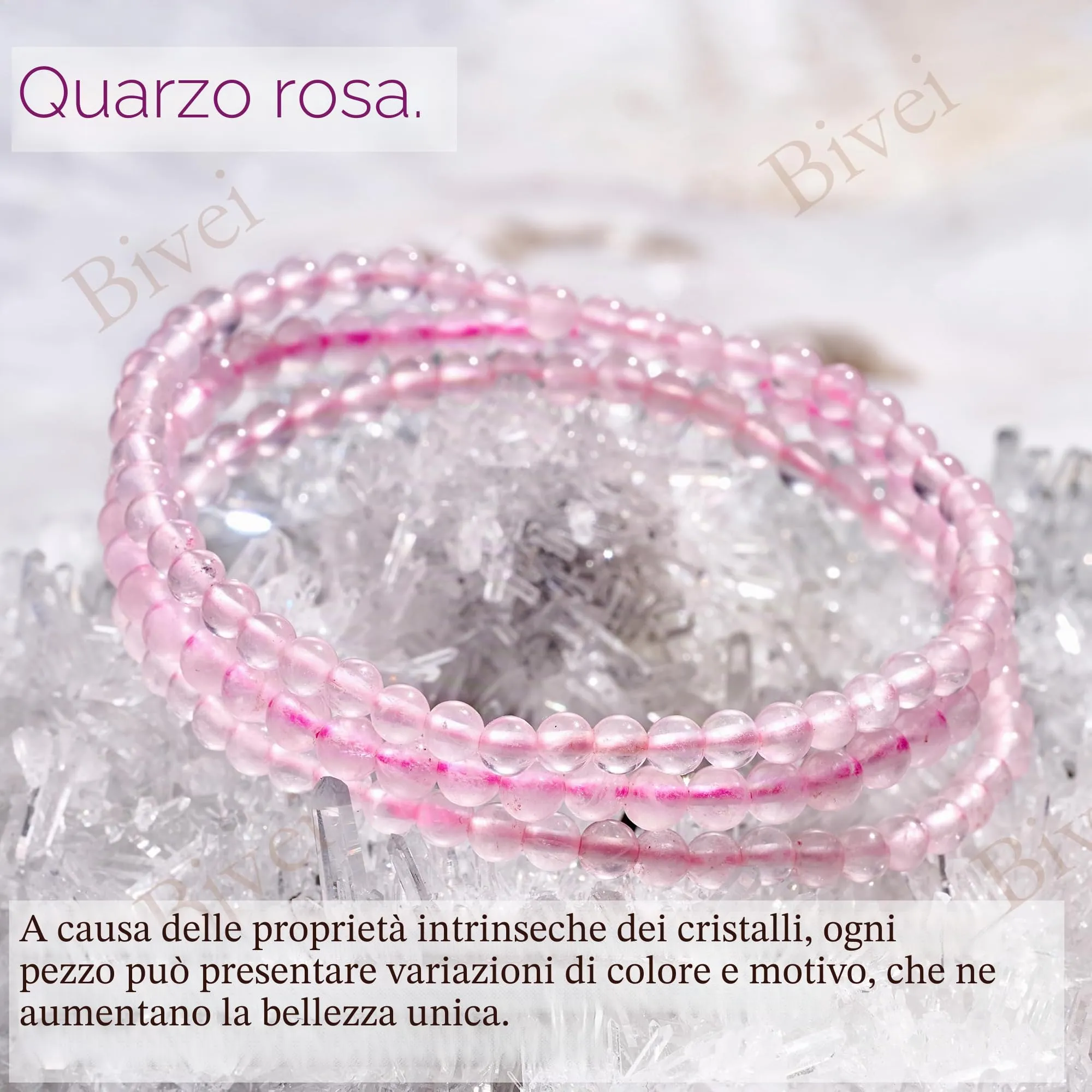Bivei Bracciale Donna Pietre Naturali da 4 mm, Quarzo Rosa - immagine 4