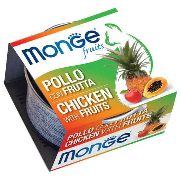 Monge Fruits Cat Adult prelibatezze naturali 80 gr Pollo con frutta - confezione da 12 pezzi - Cibo umido per gatti - immagine 1