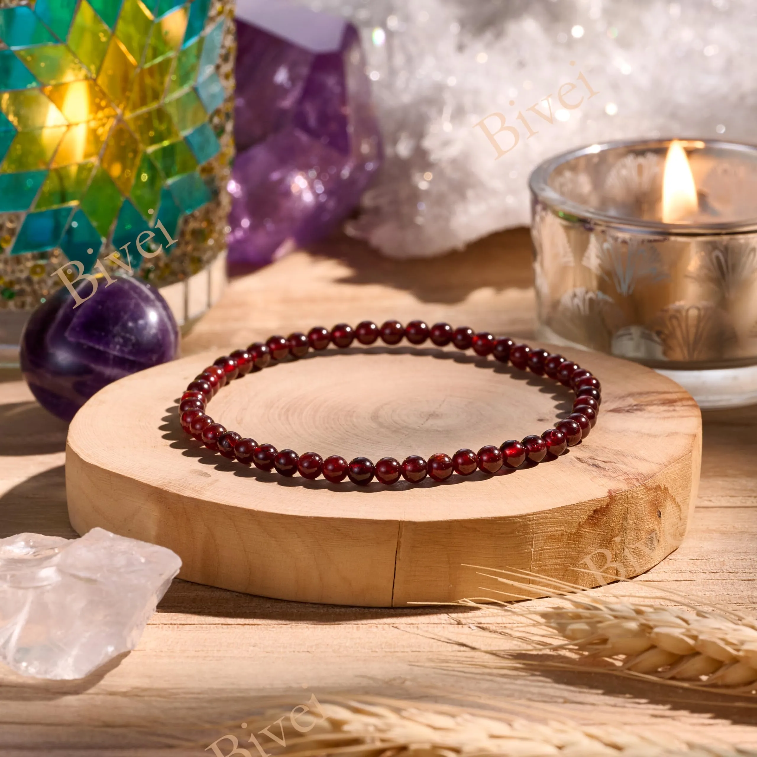 Bivei Bracciale Donna Pietre Naturali da 4 mm, Granato - immagine 3