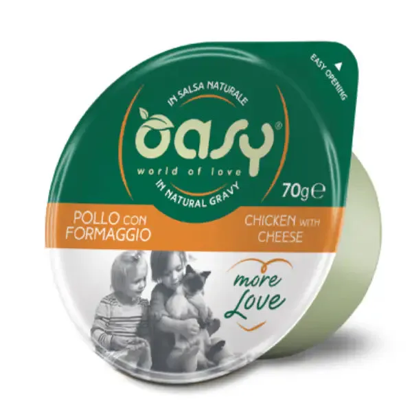 Oasy More Love Cat Green Cup in salsa naturale 70 gr Pollo con formaggio - confezione da 6 pezzi - Cibo umido per gatti - immagine 1