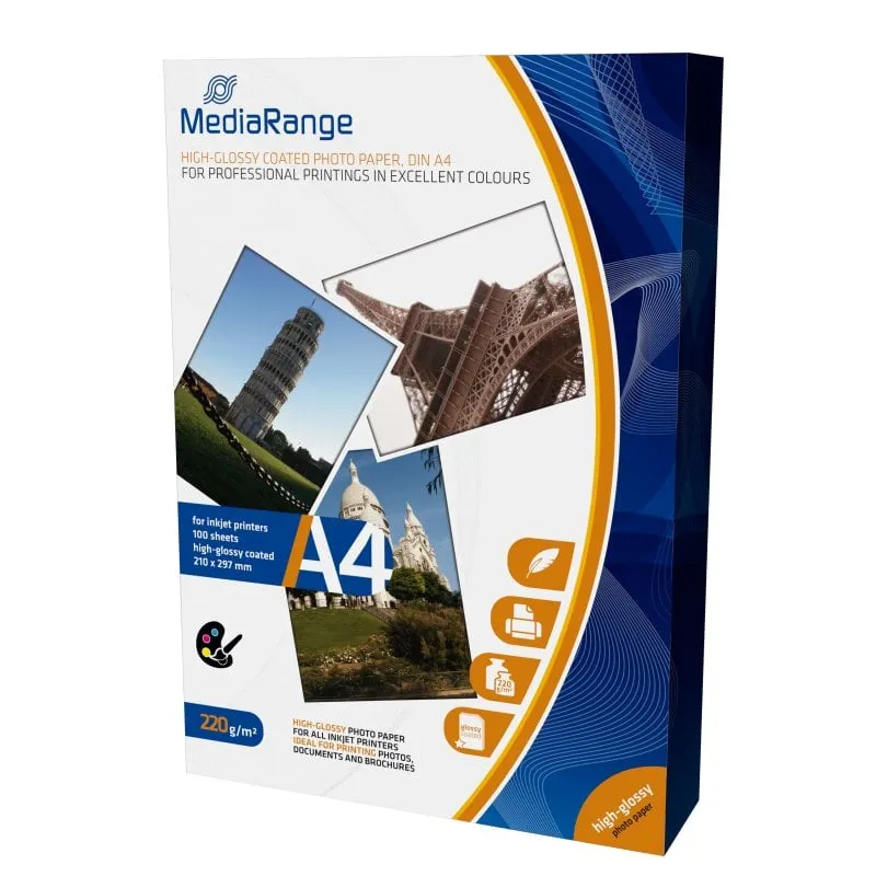 MediaRange MRINK103 Carta fotografica lucida A4 220gr Bianca 100 fogli - immagine 1
