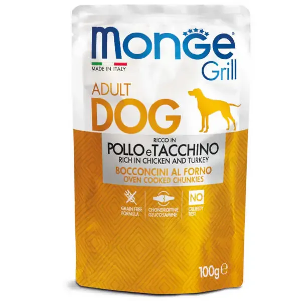 Monge Grill Adult Grain Free bocconcini 100 gr Pollo e tacchino - confezione da 24 pezzi - Cibo umido per cani - immagine 1