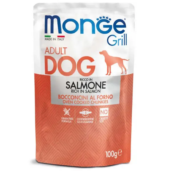 Monge Grill Adult Grain Free bocconcini 100 gr Salmone - confezione da 24 pezzi - Cibo umido per cani - immagine 1