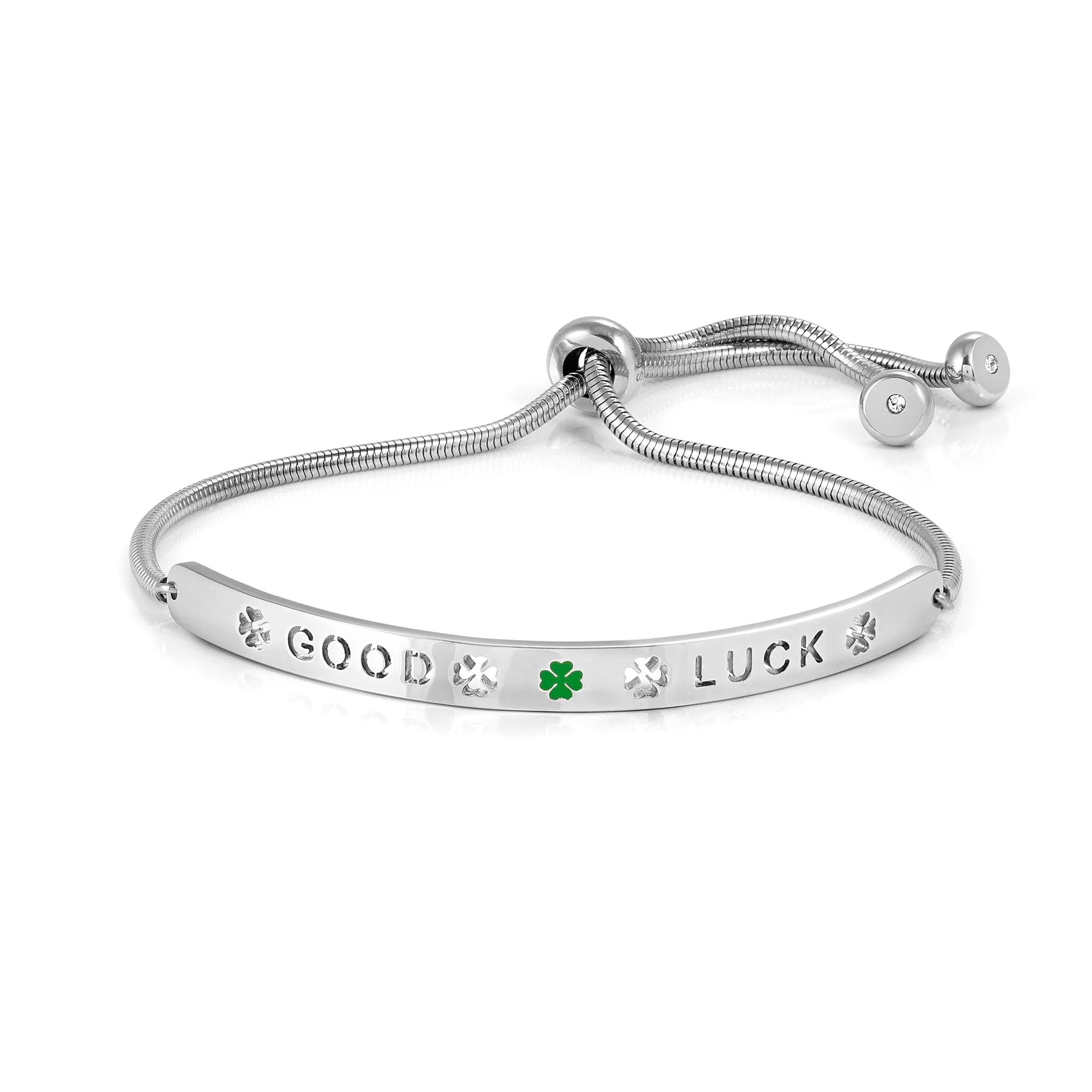Nomination® Bracciale Donna - Collezione Messaggiamo, Acciaio e Zirconi, Scritta Good luck, Quadrifoglio in Smalto Verde, Lunghezza Regolabile 14-20 cm, Chiusura Scorrevole, Idea Regalo Portafortuna - immagine 1