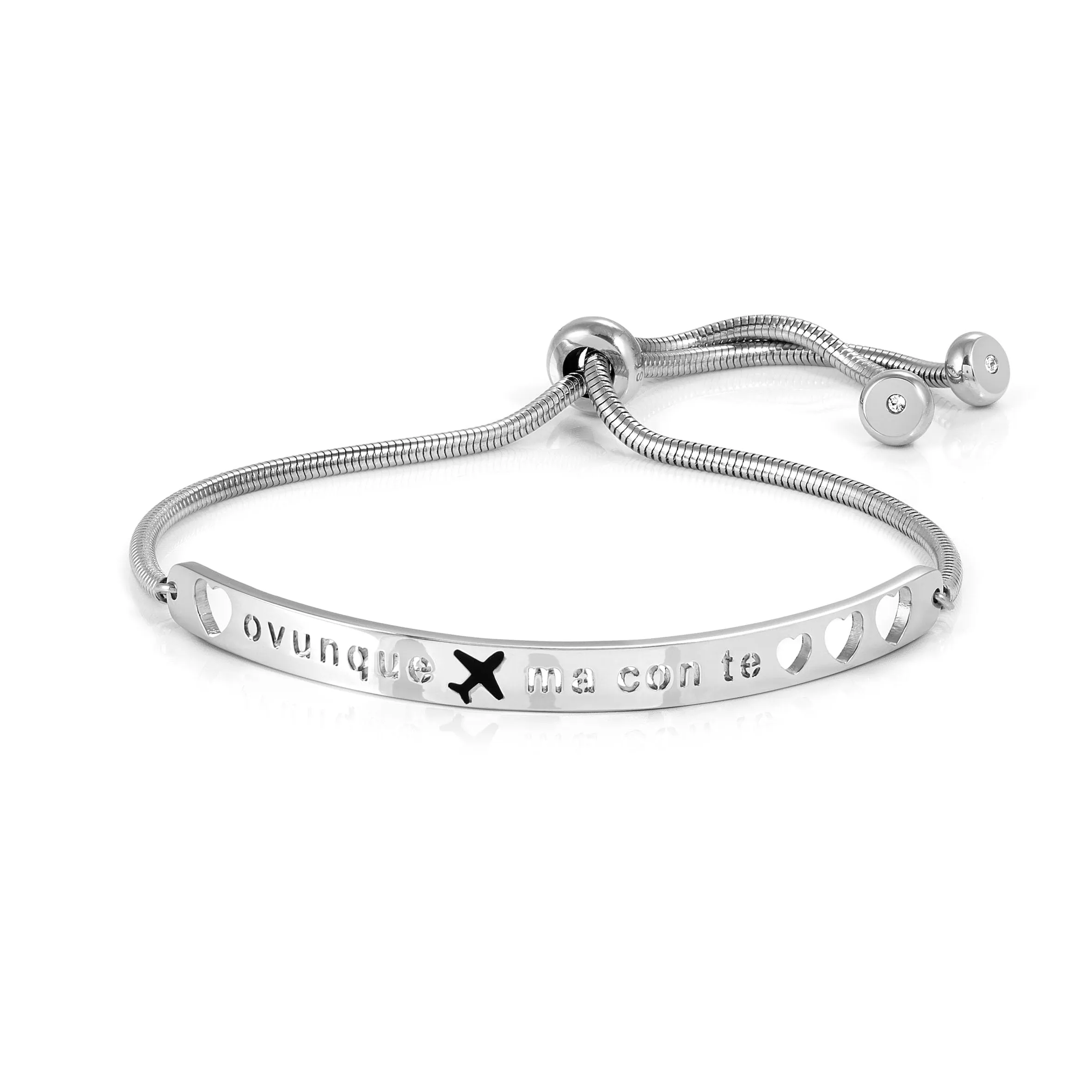 Nomination® Bracciale Donna - Collezione Messaggiamo, Acciaio e Zirconi, Scritta Ovunque ma con te, Aereo in Smalto Nero, Lunghezza 14-20 cm, Chiusura Scorrevole, Idea Regalo per Amore a Distanza - immagine 1