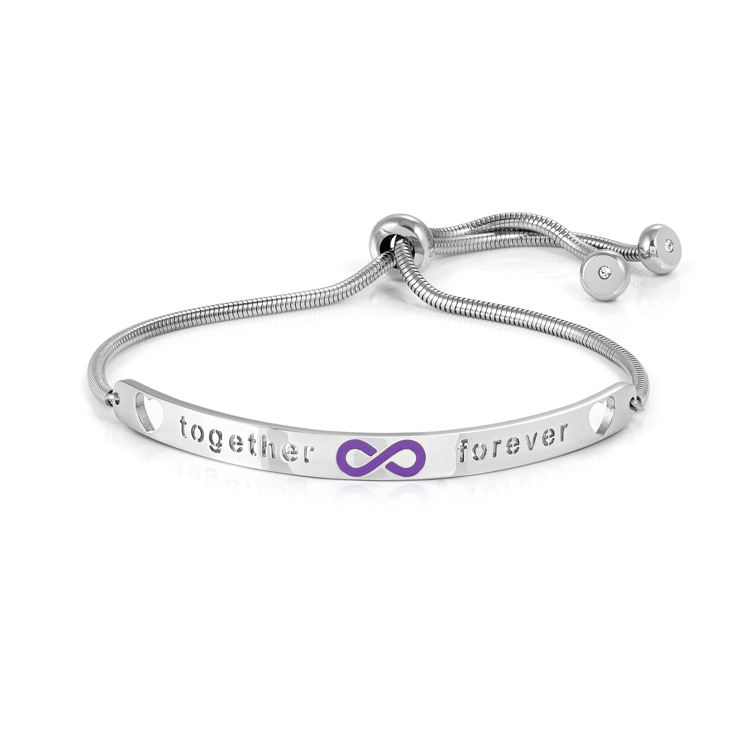Nomination® Bracciale Donna - Collezione Messaggiamo, Acciaio e Zirconi, Scritta Together forever, Simbolo Infinito in Smalto Viola, Lunghezza 14-20 cm, Chiusura Scorrevole, Idea Regalo Coppia - immagine 1