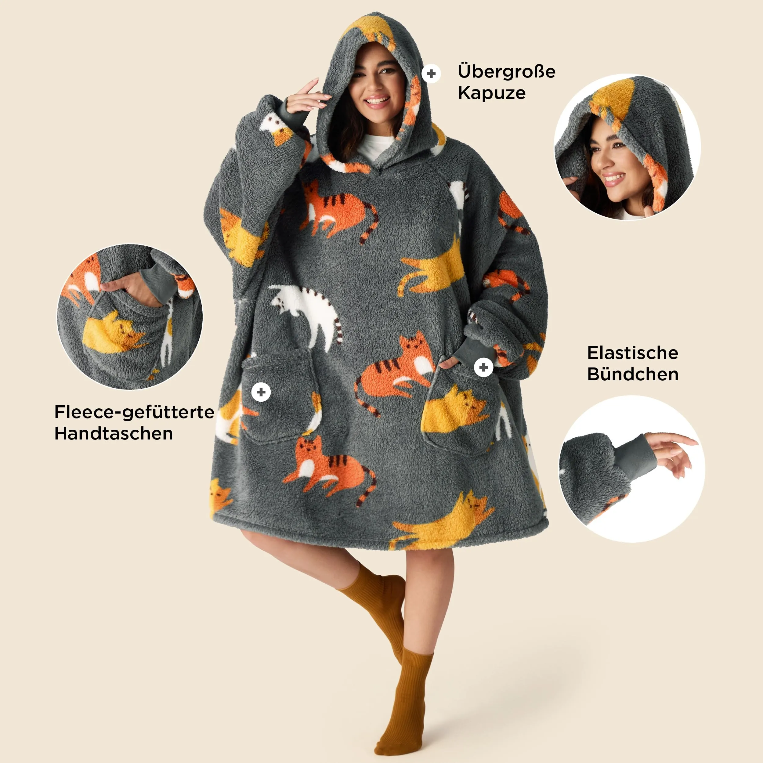 Bedsure Coperta con Cappuccio e Maniche Regalo Grigio Scuro - 95x85 Gatto - immagine 2