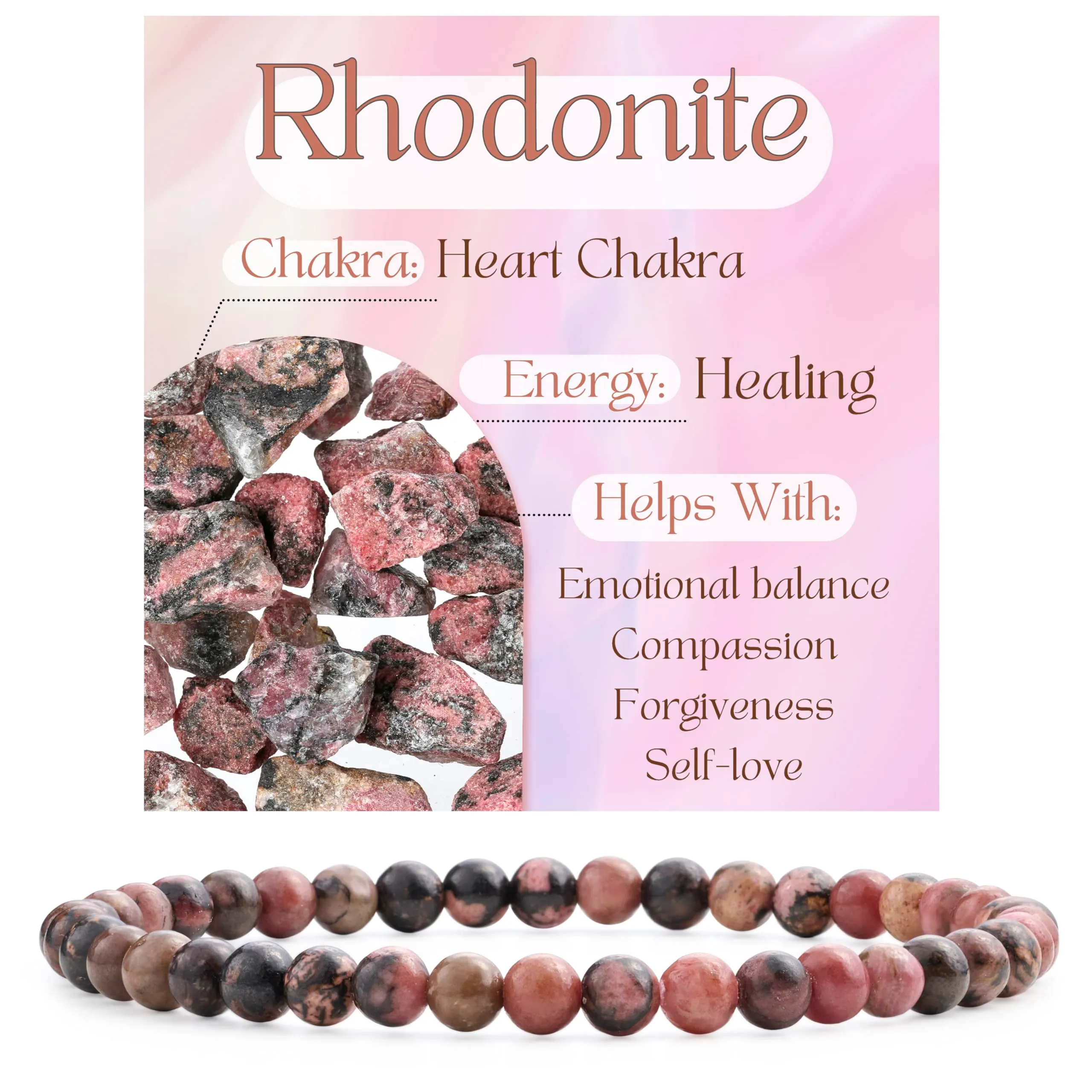 Bivei Bracciale Donna Pietre Naturali da 4 mm, Rodonite - immagine 1