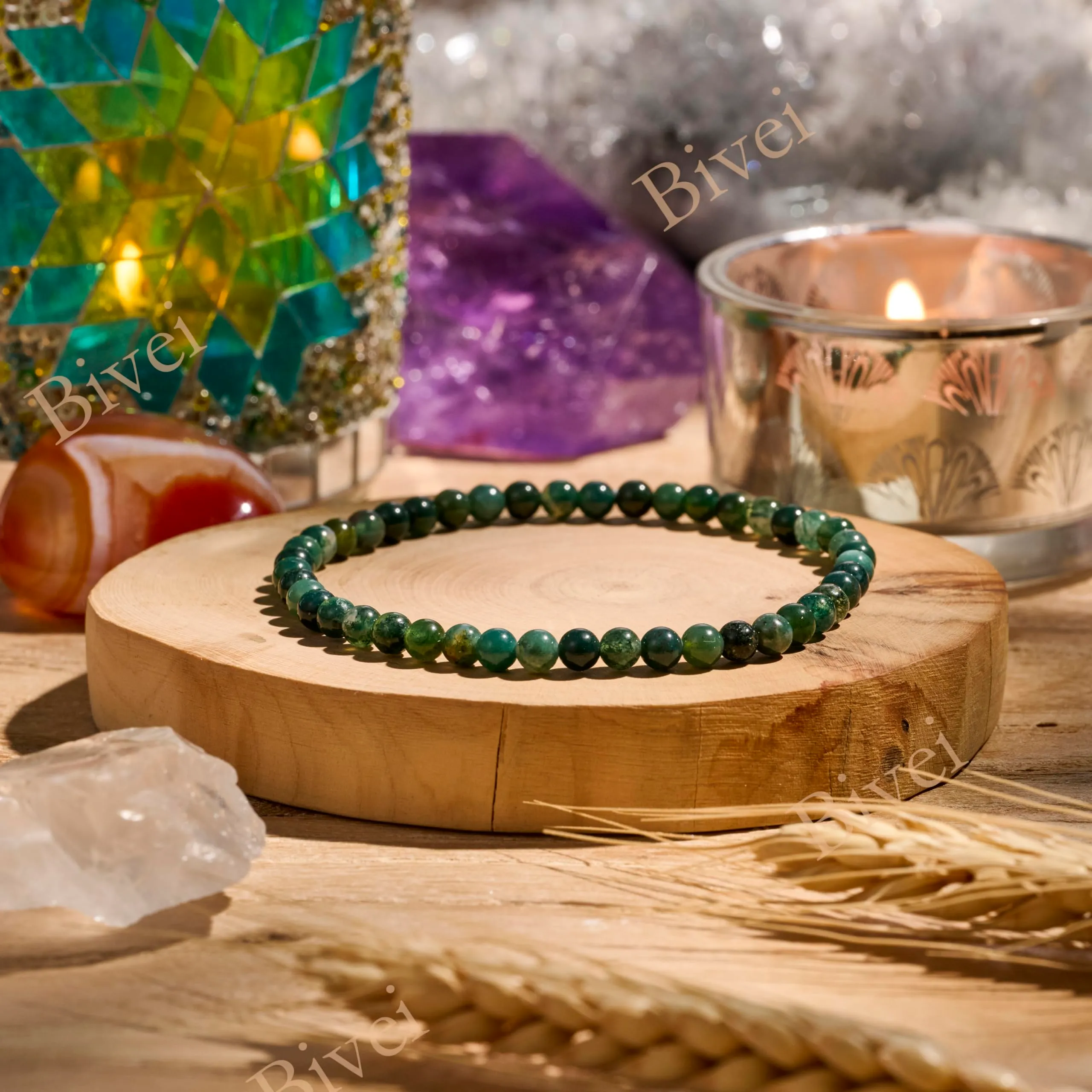 Bivei Bracciale Donna Pietre Naturali da 4 mm, Agata Muschiata - immagine 3