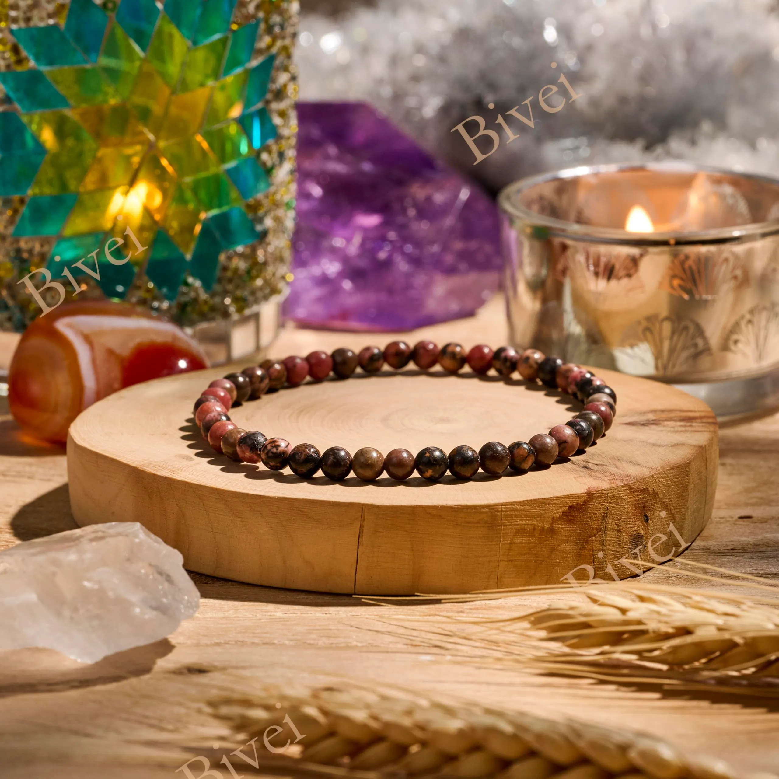 Bivei Bracciale Donna Pietre Naturali da 4 mm, Rodonite - immagine 3