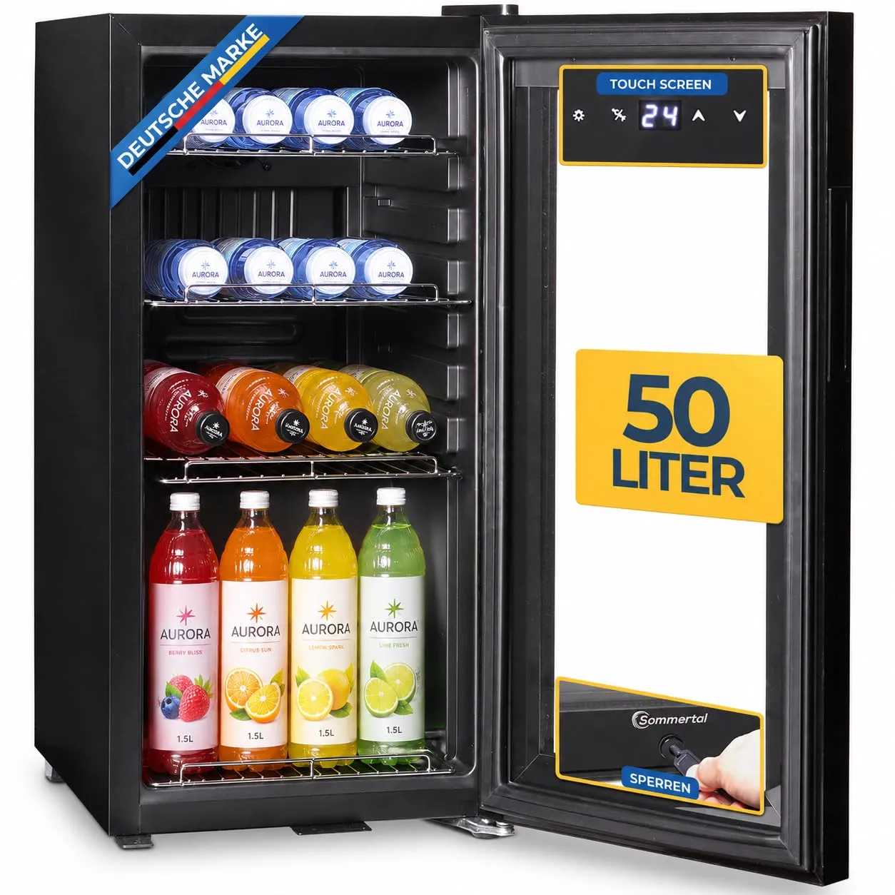Sommertal Frigorifero con porta in vetro GK50 – frigorifero silenzioso con LED, touch screen e serratura piccolo frigorifero per bottiglie nero 50L - immagine 1
