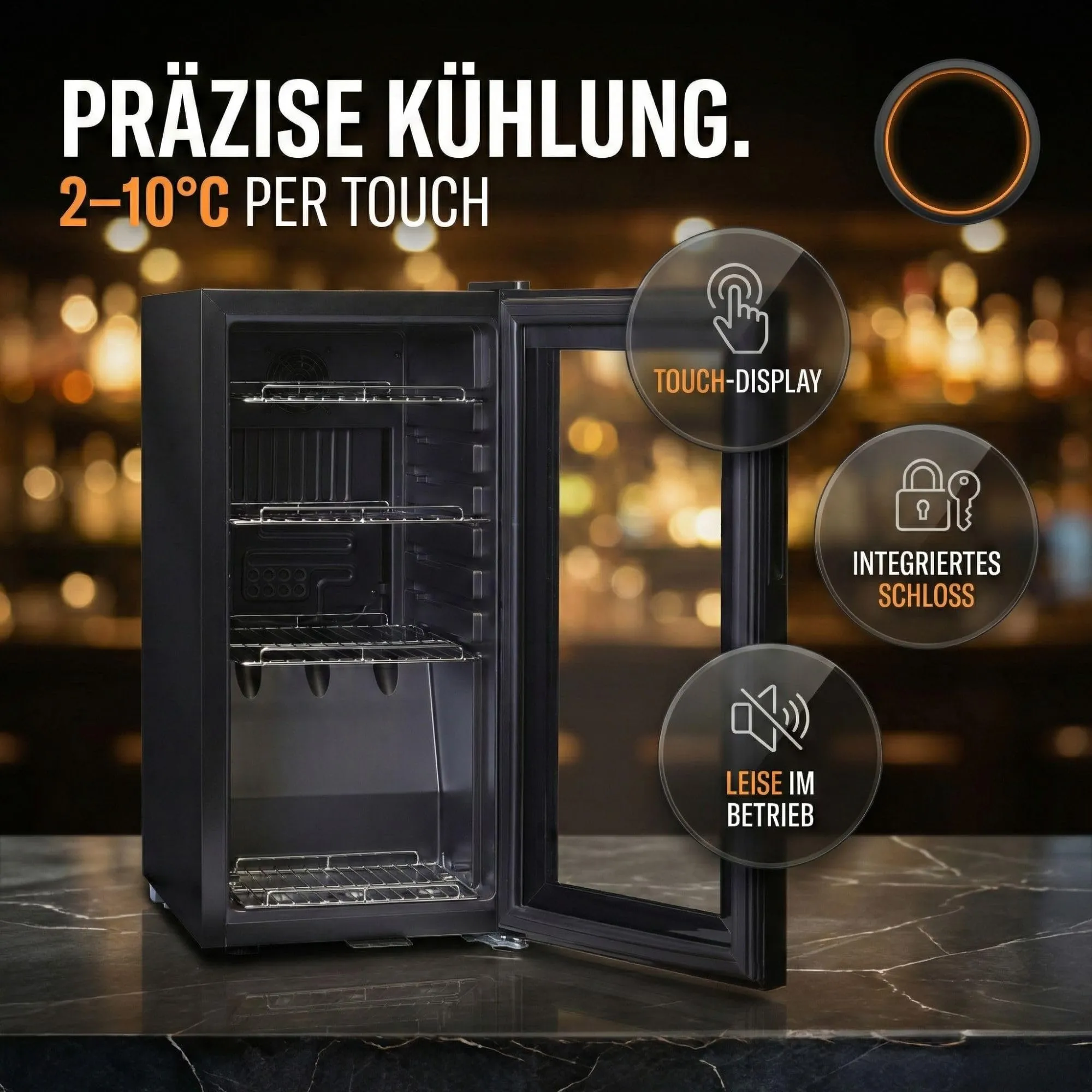 Sommertal Frigorifero con porta in vetro GK50 – frigorifero silenzioso con LED, touch screen e serratura piccolo frigorifero per bottiglie nero 50L - immagine 2