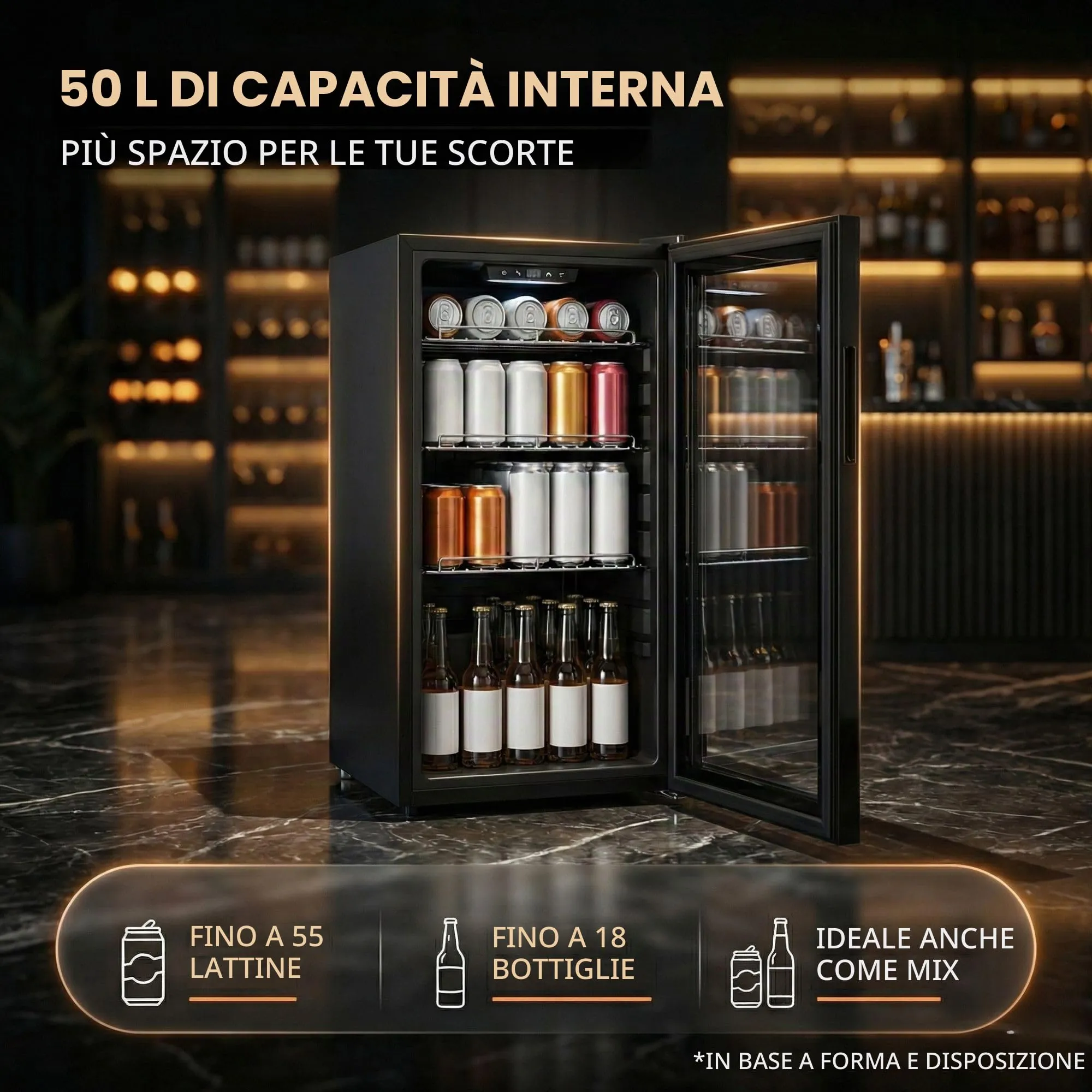 Sommertal Frigorifero con porta in vetro GK50 – frigorifero silenzioso con LED, touch screen e serratura piccolo frigorifero per bottiglie nero 50L - immagine 3