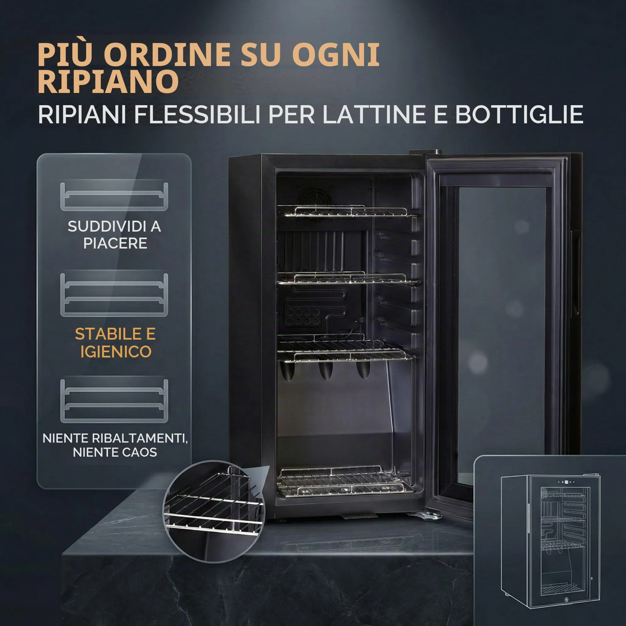 Sommertal Frigorifero con porta in vetro GK50 – frigorifero silenzioso con LED, touch screen e serratura piccolo frigorifero per bottiglie nero 50L - immagine 4