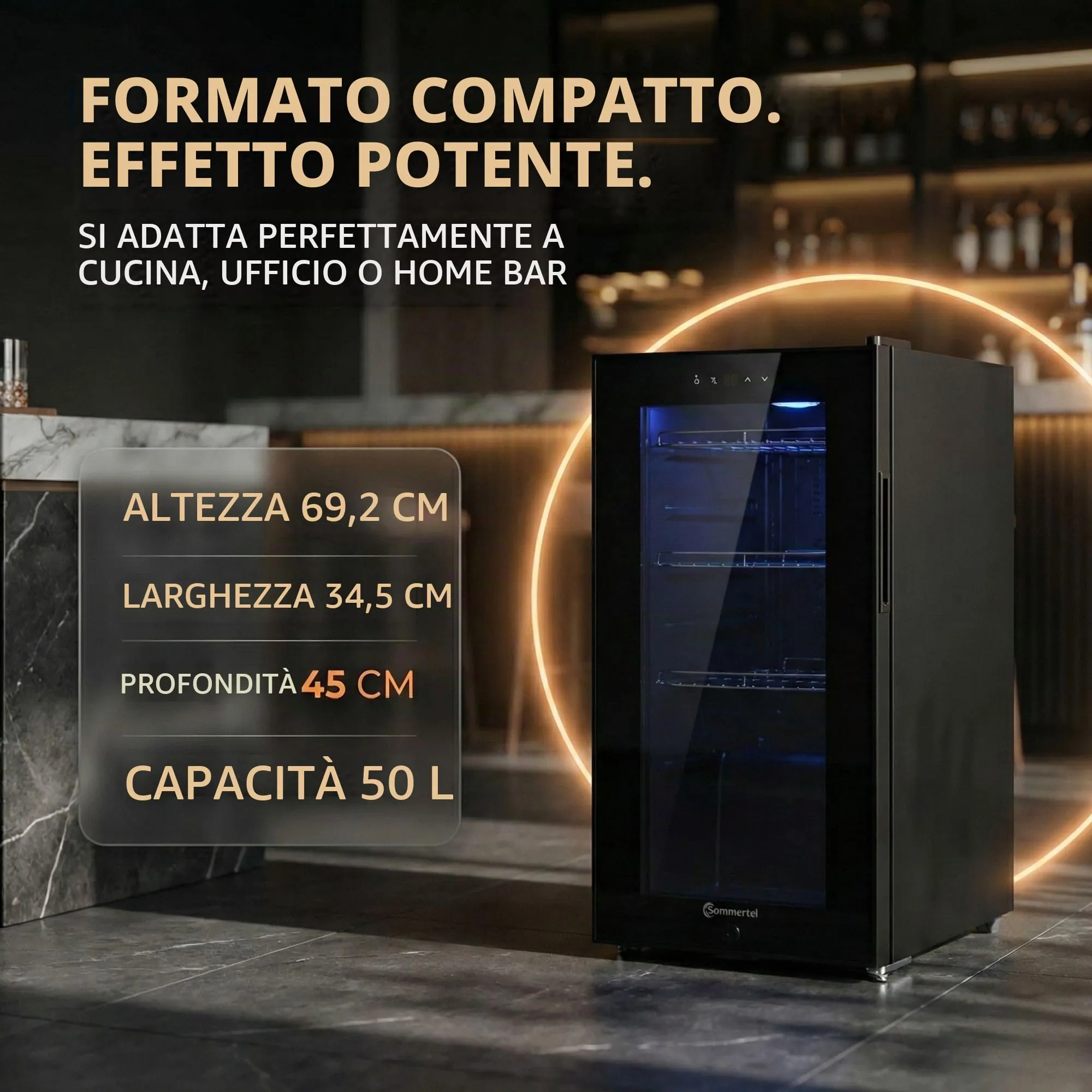 Sommertal Frigorifero con porta in vetro GK50 – frigorifero silenzioso con LED, touch screen e serratura piccolo frigorifero per bottiglie nero 50L - immagine 5