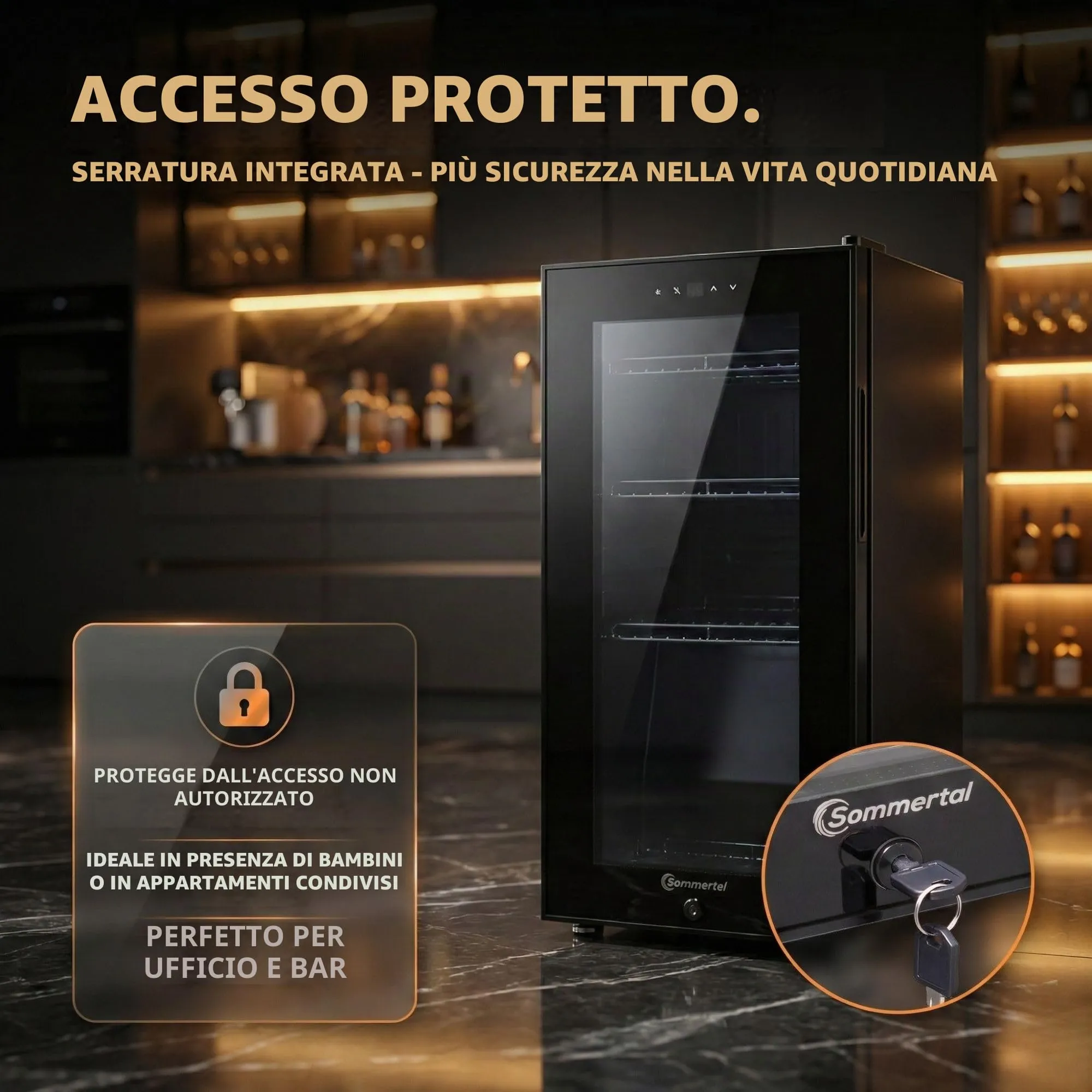 Sommertal Frigorifero con porta in vetro GK50 – frigorifero silenzioso con LED, touch screen e serratura piccolo frigorifero per bottiglie nero 50L - immagine 6