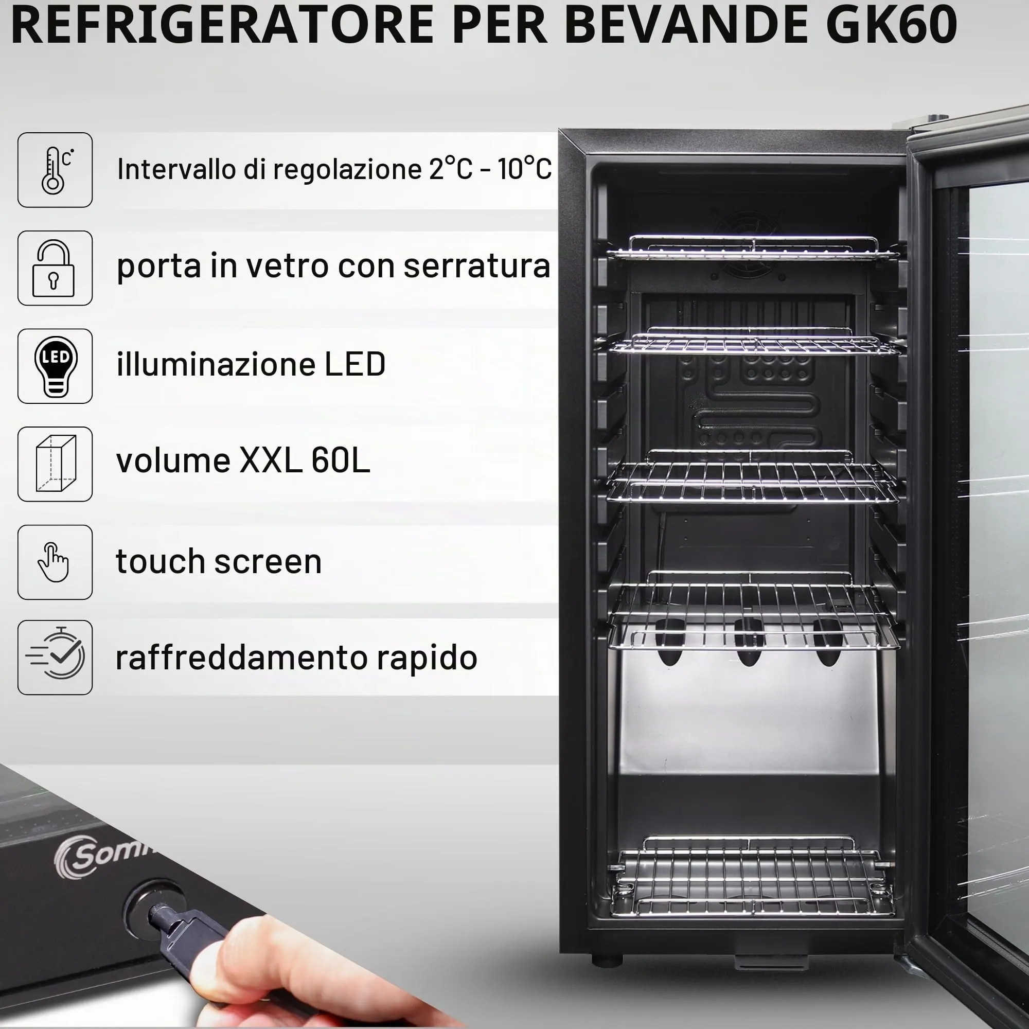 Sommertal Frigorifero GK60– Frigorifero silenzioso per bevande con LED, touch screen e lucchetto, piccolo frigorifero per bottiglie, nero, 60 l - immagine 2