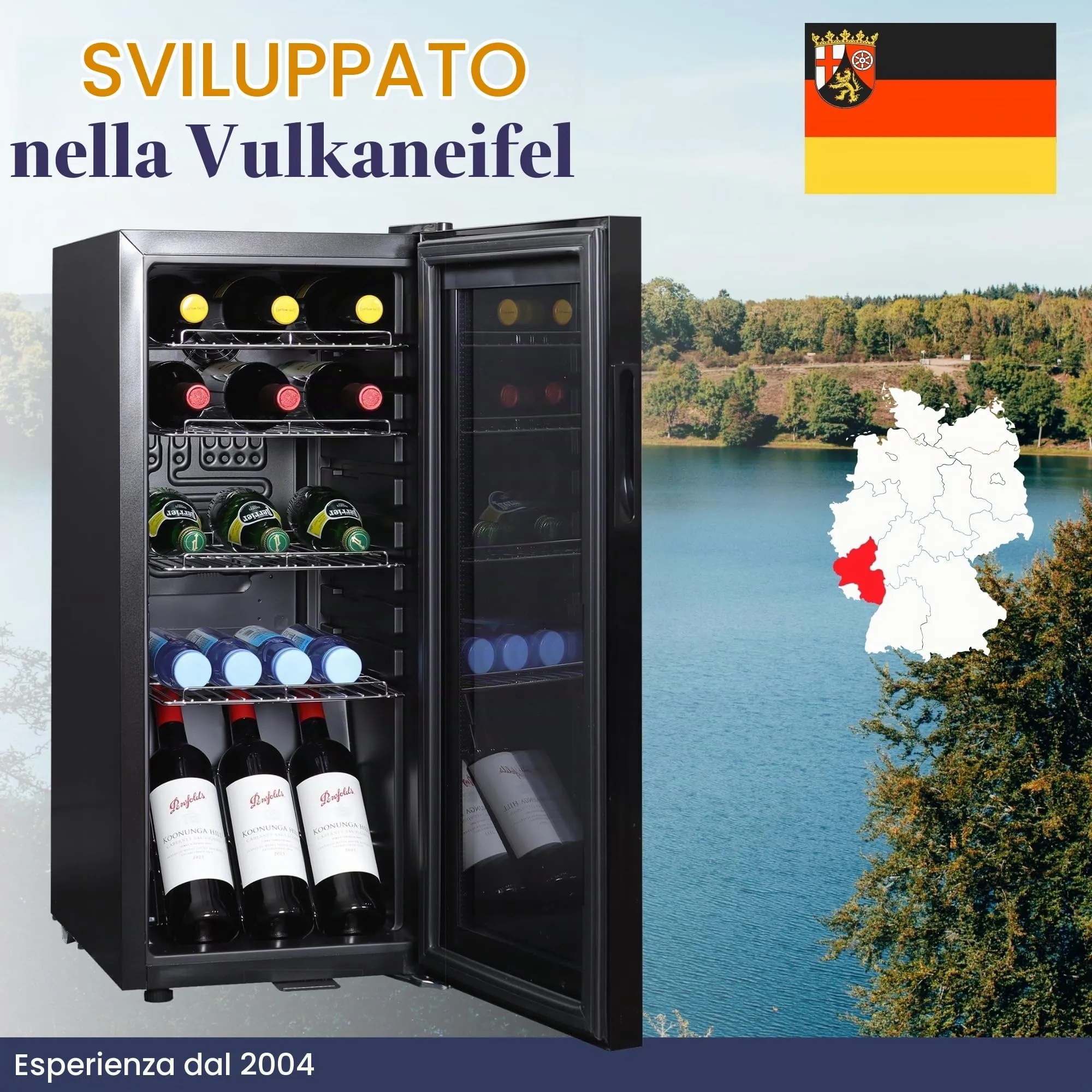 Sommertal Frigorifero GK60– Frigorifero silenzioso per bevande con LED, touch screen e lucchetto, piccolo frigorifero per bottiglie, nero, 60 l - immagine 6