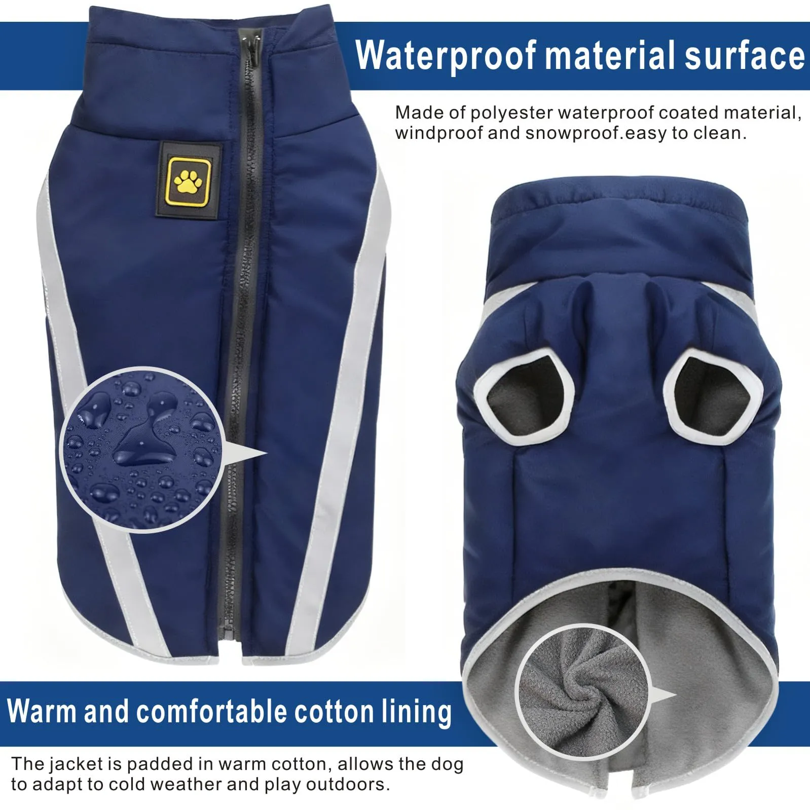 Idepet Cappotto per cani impermeabile Giacca invernale calda, Giacca per cani antivento Abbigliamento per cani Completo per cani di taglia piccola di taglia media con foro per imbracatura XL-6XL - immagine 3