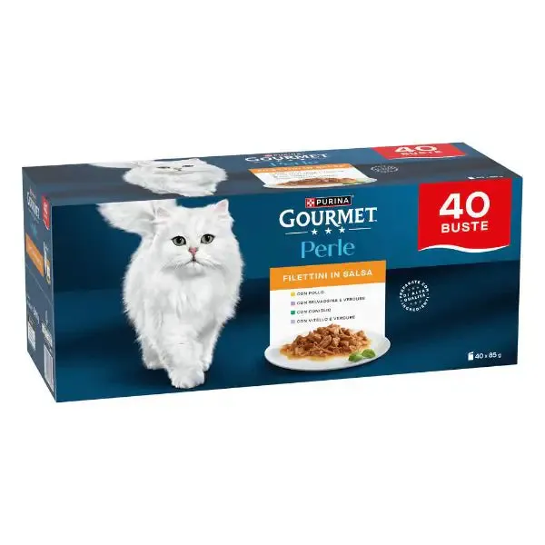 Purina Gourmet Perle selezionate Filettini in salsa multipack 40x85 gr 10x Pollo 10x Coniglio 10x Selvaggina 10x Vitello - immagine 1