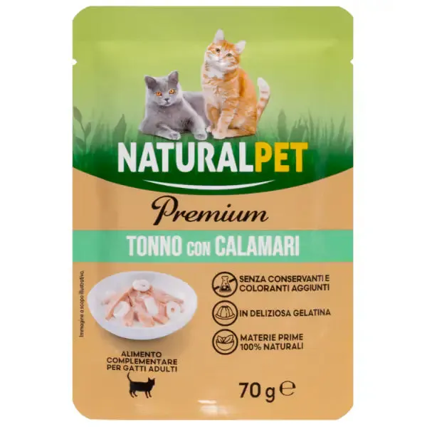 NaturalPet Premium Cat Adult Umido Bustine in Gelatina 70 gr Tonno con calamari - confezione da 6 pezzi - immagine 1