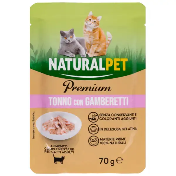 NaturalPet Premium Cat Adult Umido Bustine in Gelatina 70 gr Tonno con gamberetti - confezione da 6 pezzi - immagine 1