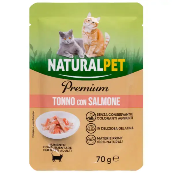 NaturalPet Premium Cat Adult Umido Bustine in Gelatina 70 gr Tonno con salmone - confezione da 6 pezzi - immagine 1