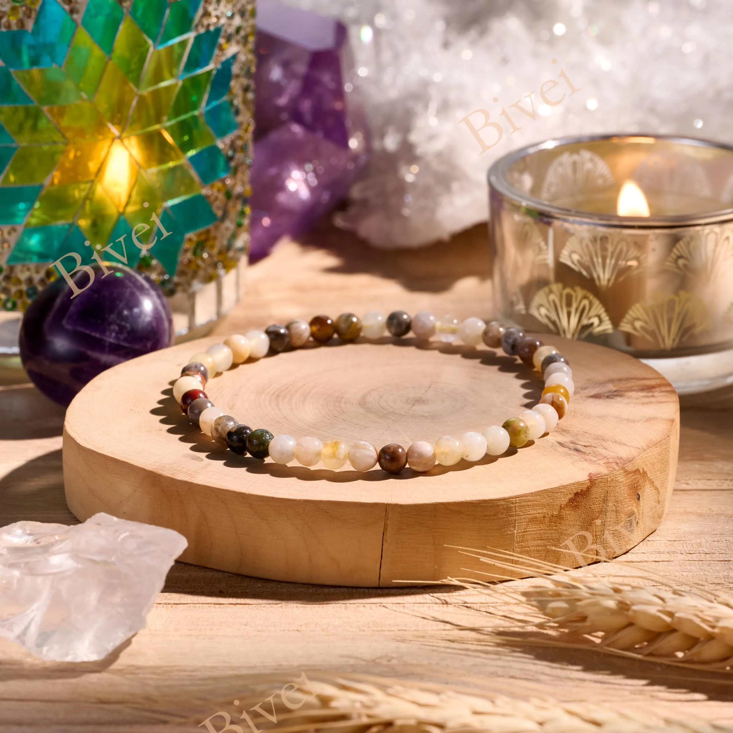 Bivei Bracciale Donna Pietre Naturali da 4 mm, Agata Foglia di Bambù - immagine 4