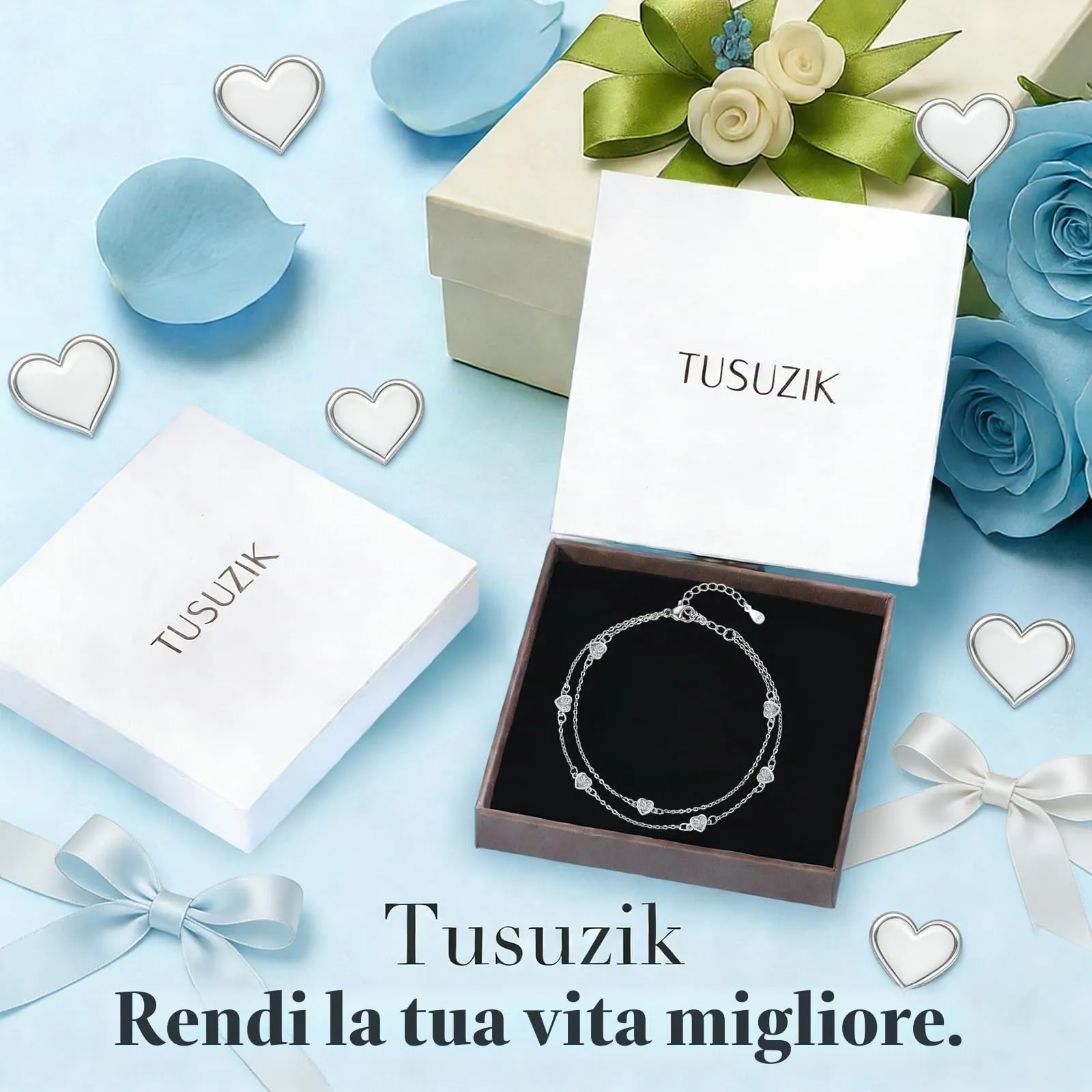 Tusuzik Bracciale Donna Argento 925 Cuore Doppia Catena Regolabile Bianco - immagine 4