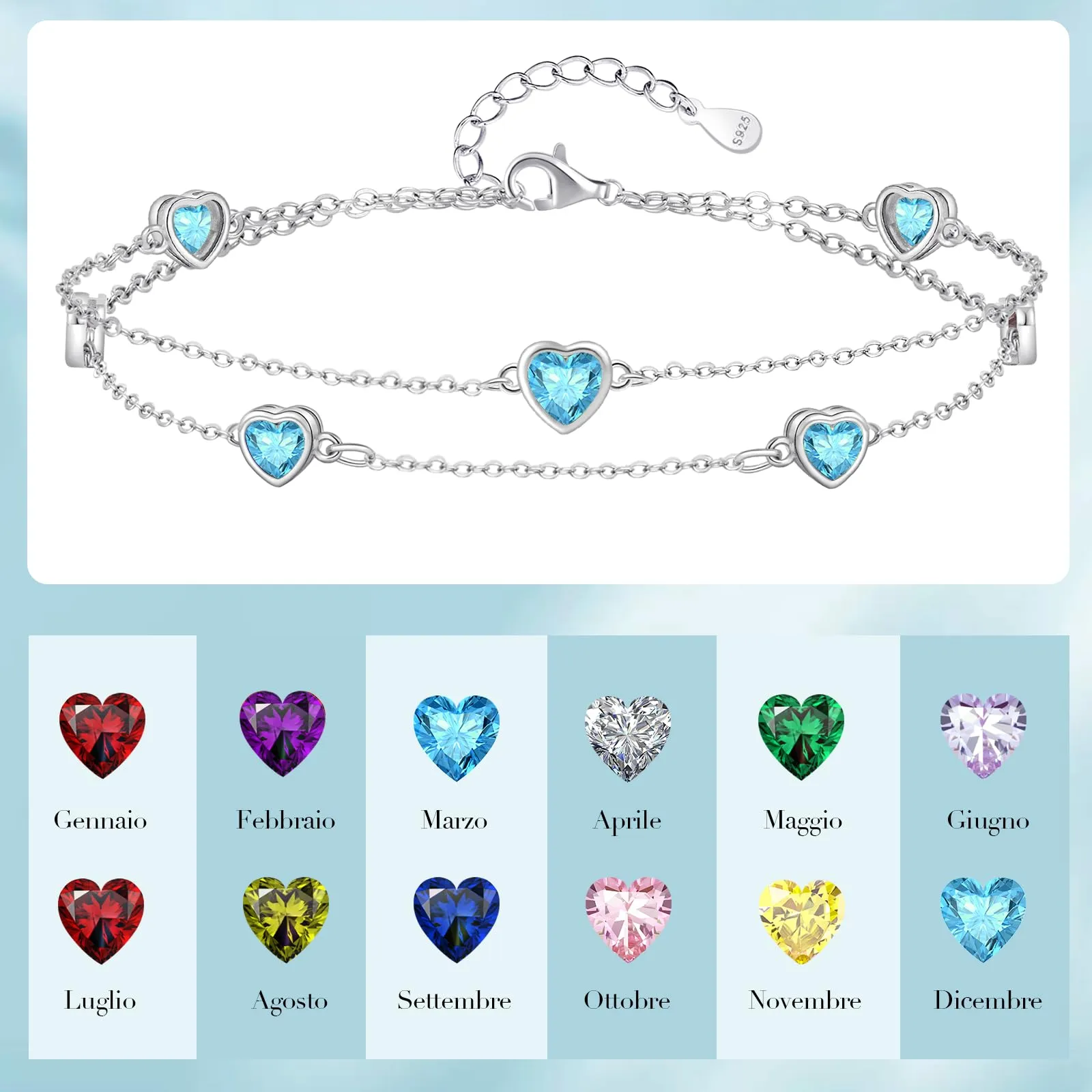 Tusuzik Bracciale Donna Argento 925 Cuore Doppia Catena Regolabile Bianco - immagine 6