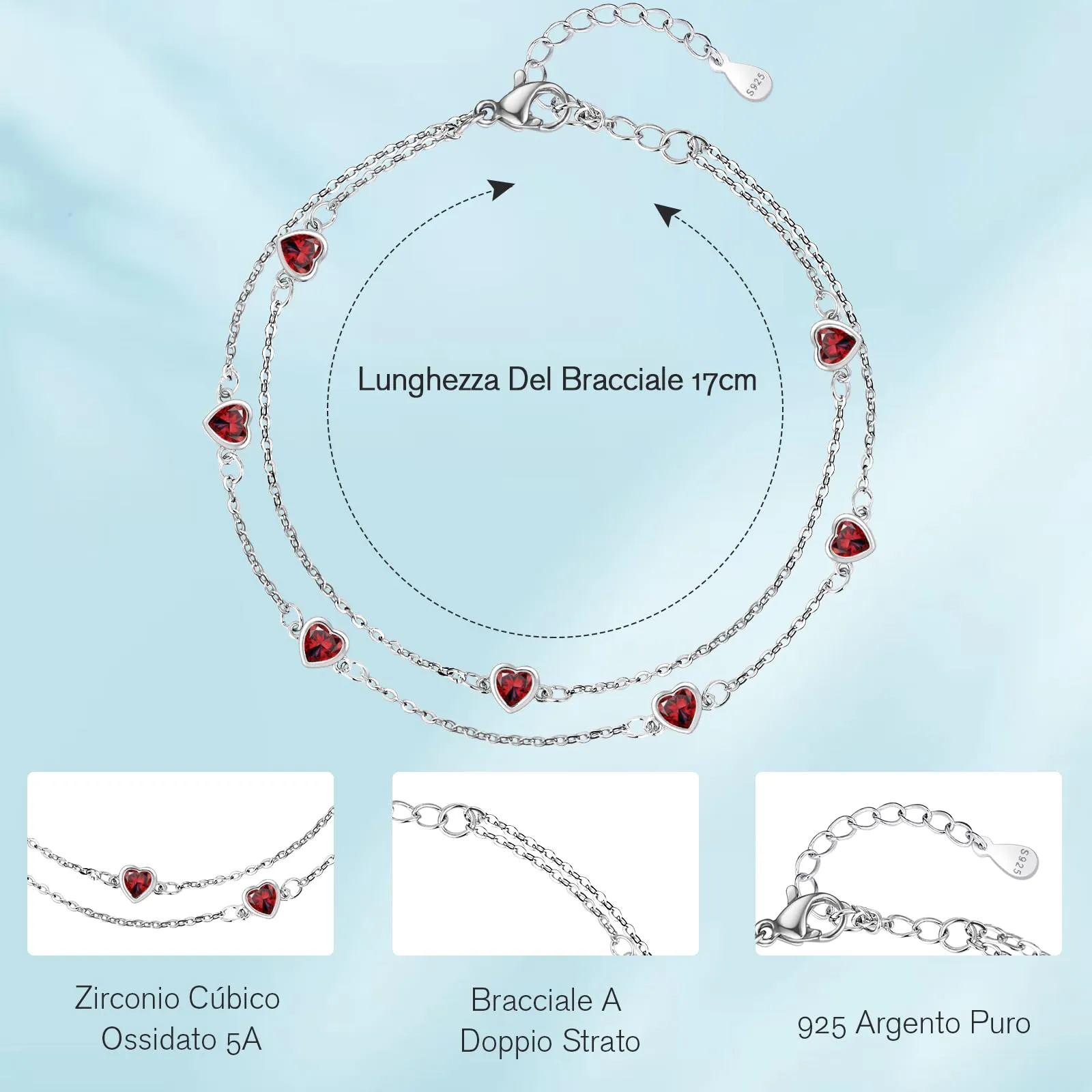 Tusuzik Bracciale Donna Argento 925 Cuore Doppia Catena Regolabile Rosso - immagine 3