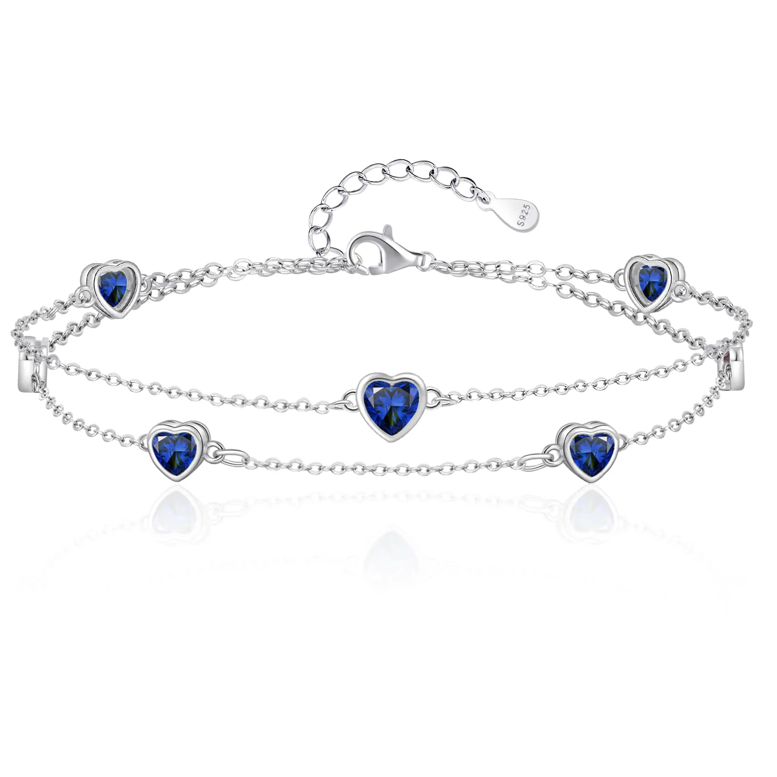 Tusuzik Bracciale Donna Argento 925 Con Cuore Doppia Catena Regolabile braccialetti Gioielli pietra natale braccialetti Cuore Regalo Donna Compleanno per Moglie Mamma Fidanzata Amica(Blu reale) - immagine 1