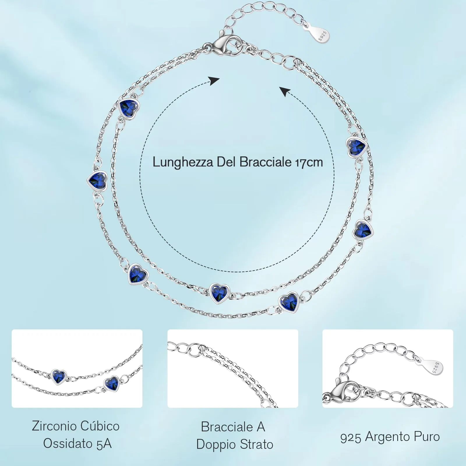 Tusuzik Bracciale Donna Argento 925 Con Cuore Doppia Catena Regolabile braccialetti Gioielli pietra natale braccialetti Cuore Regalo Donna Compleanno per Moglie Mamma Fidanzata Amica(Blu reale) - immagine 3