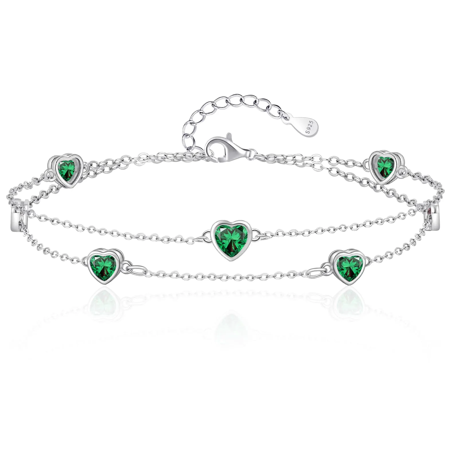 Tusuzik Bracciale Donna Argento 925 Cuore Doppia Catena Regolabile Verde - immagine 1