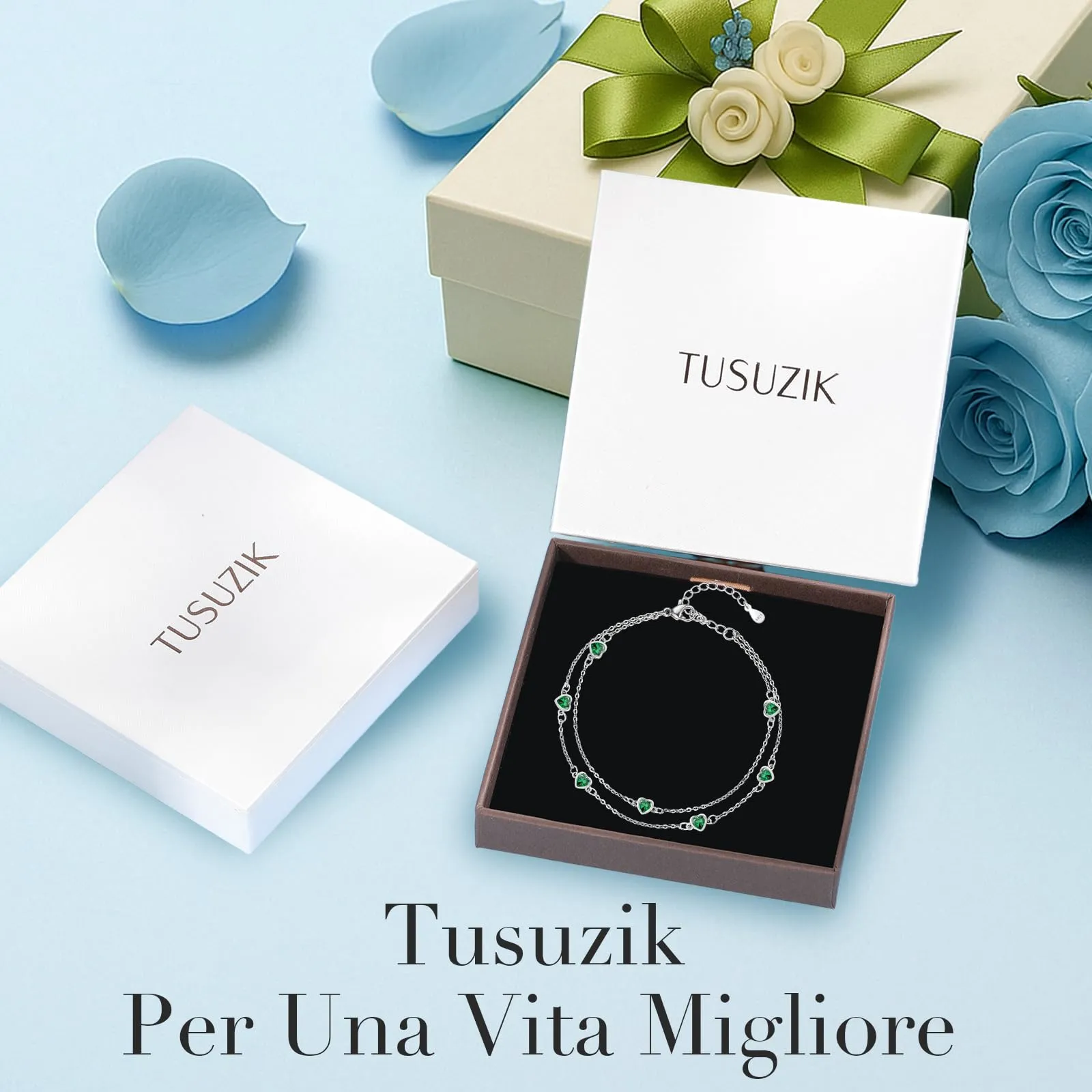 Tusuzik Bracciale Donna Argento 925 Cuore Doppia Catena Regolabile Verde - immagine 4