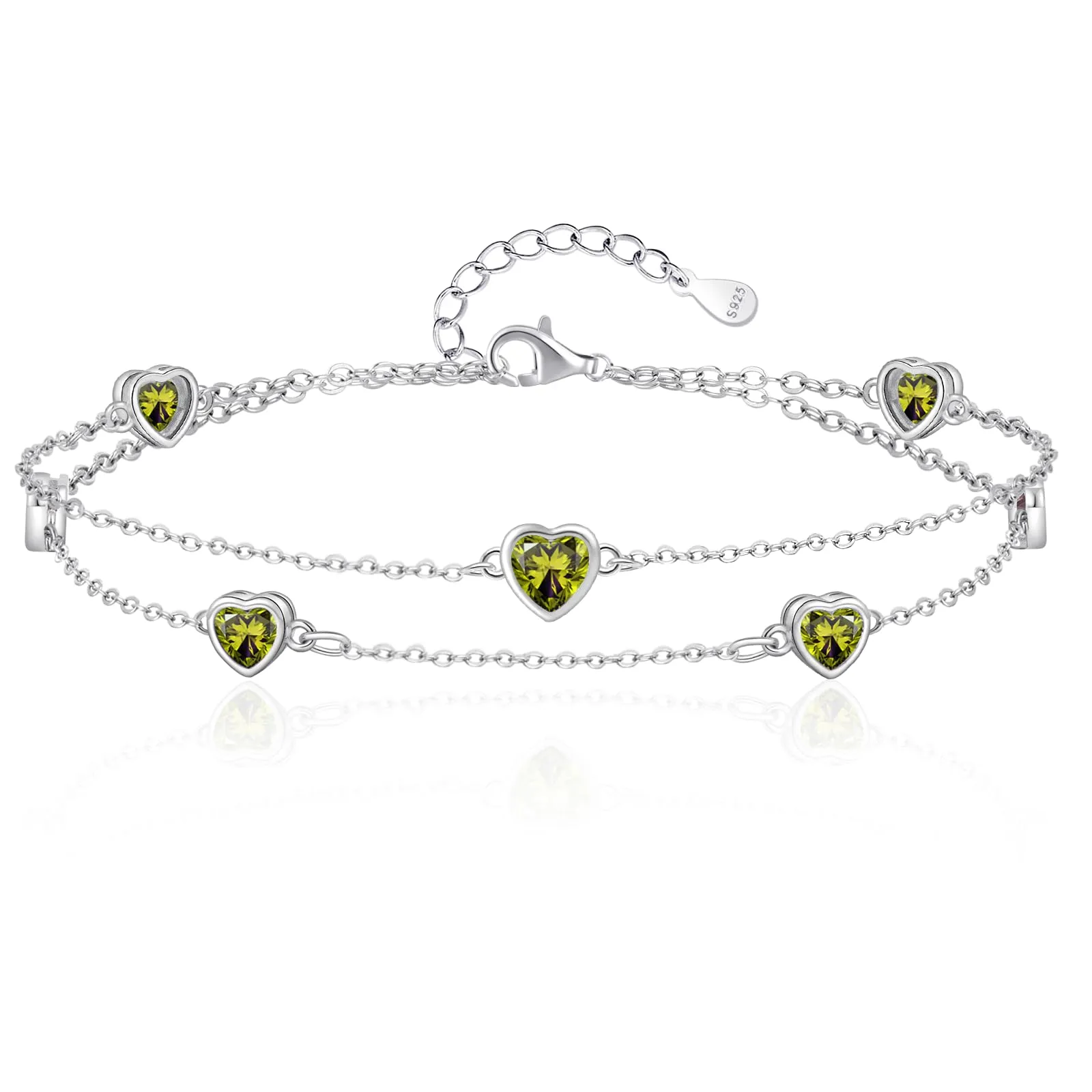 Bracciale Donna Argento 925 Cuore Doppia Catena Regolabile Verde oliva - immagine 1