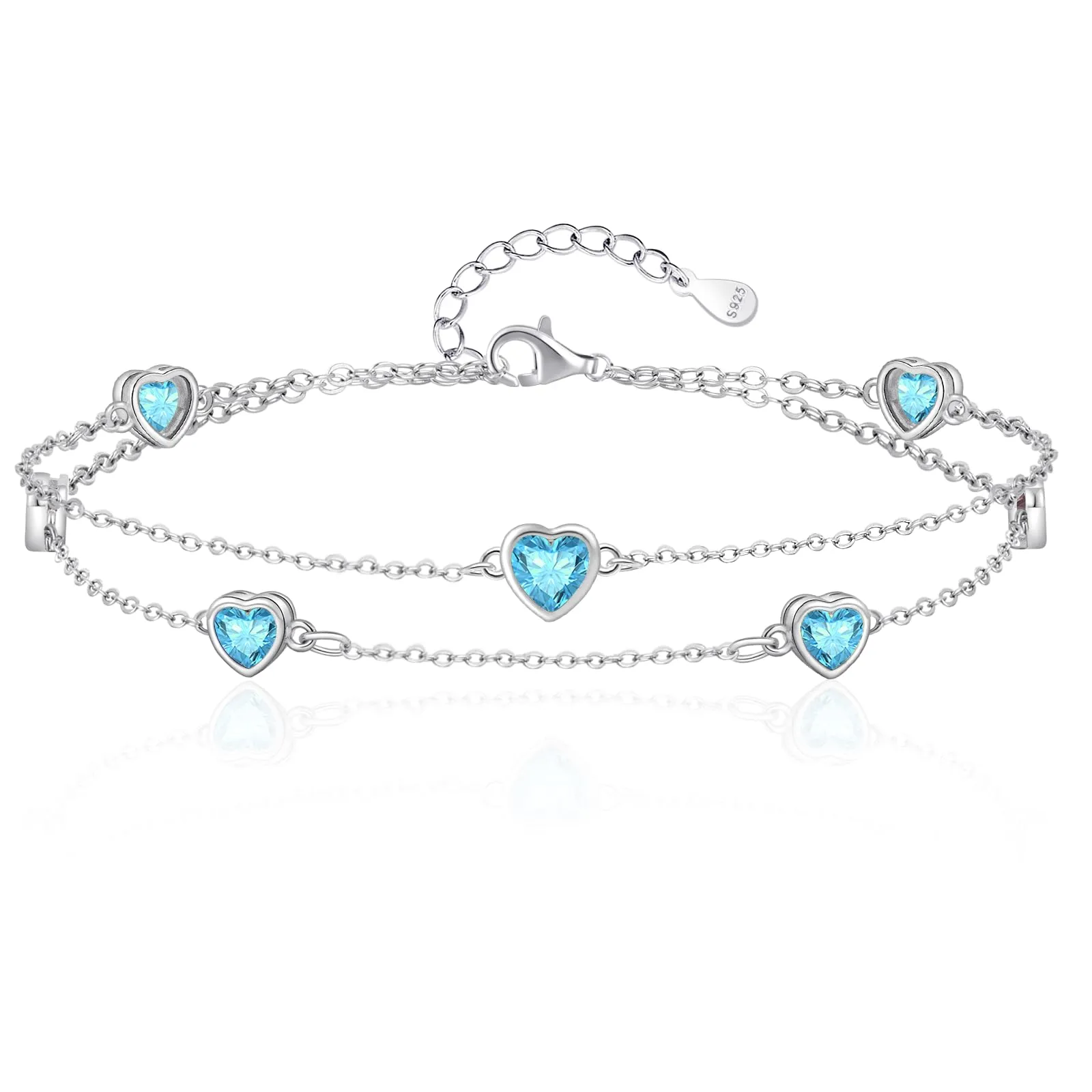 Tusuzik Bracciale Donna Argento 925 Cuore Doppia Catena Regolabile Blu Mare - immagine 1