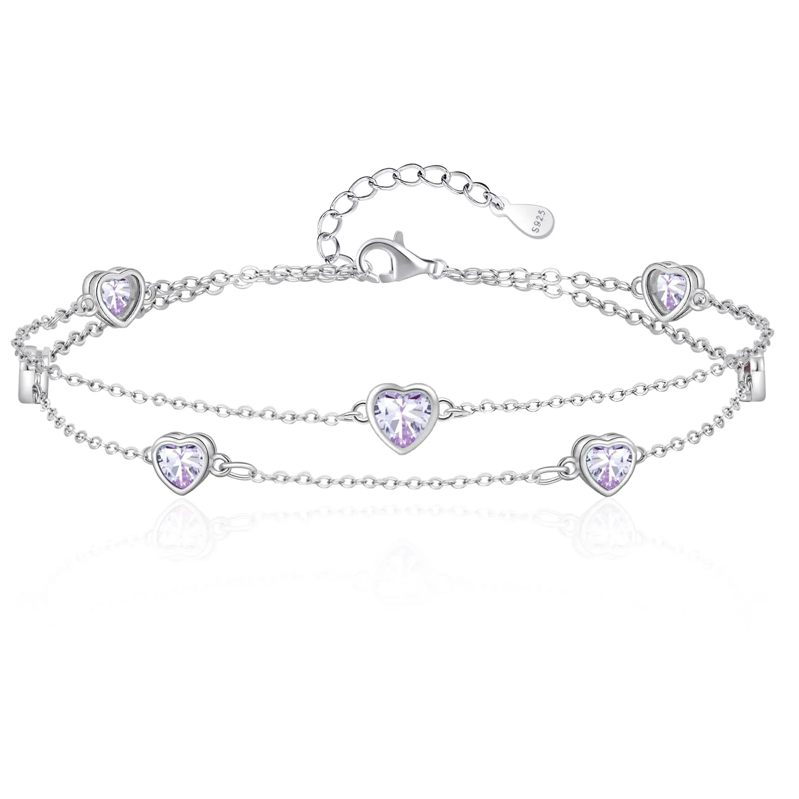 Bracciale Donna Argento 925 Cuore Doppia Catena Regolabile Viola chiaro - immagine 1