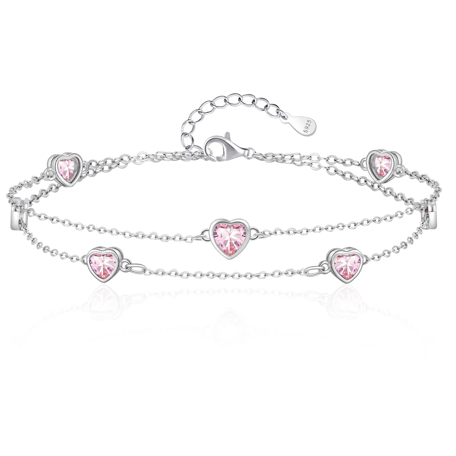 Tusuzik Bracciale Donna Argento 925 Cuore Doppia Catena Regolabile Rosa - immagine 1
