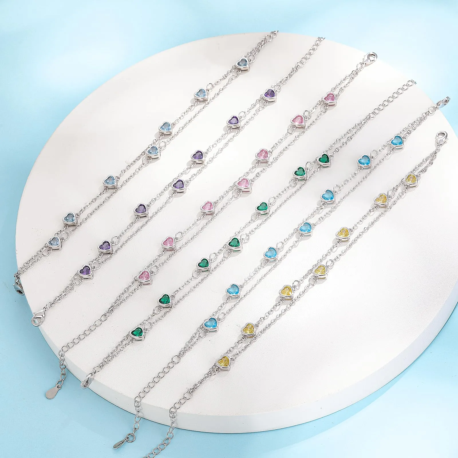 Tusuzik Bracciale Donna Argento 925 Cuore Doppia Catena Regolabile Rosa - immagine 2