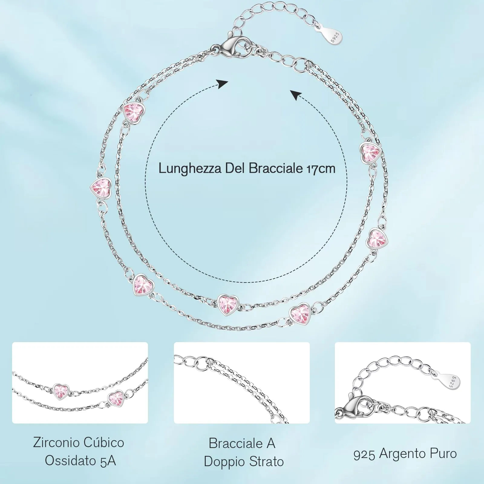 Tusuzik Bracciale Donna Argento 925 Cuore Doppia Catena Regolabile Rosa - immagine 3