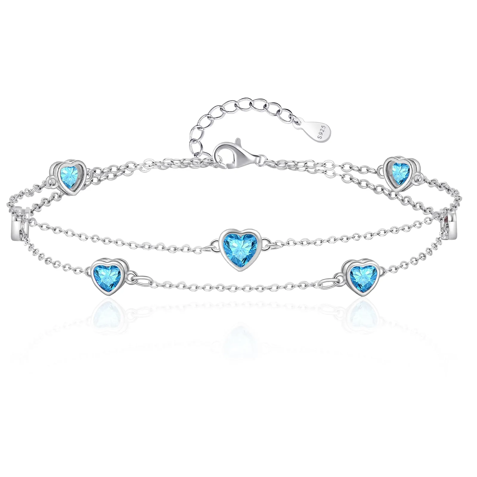 Tusuzik Bracciale Donna Argento 925 Cuore Doppia Catena Regolabile Blu - immagine 1