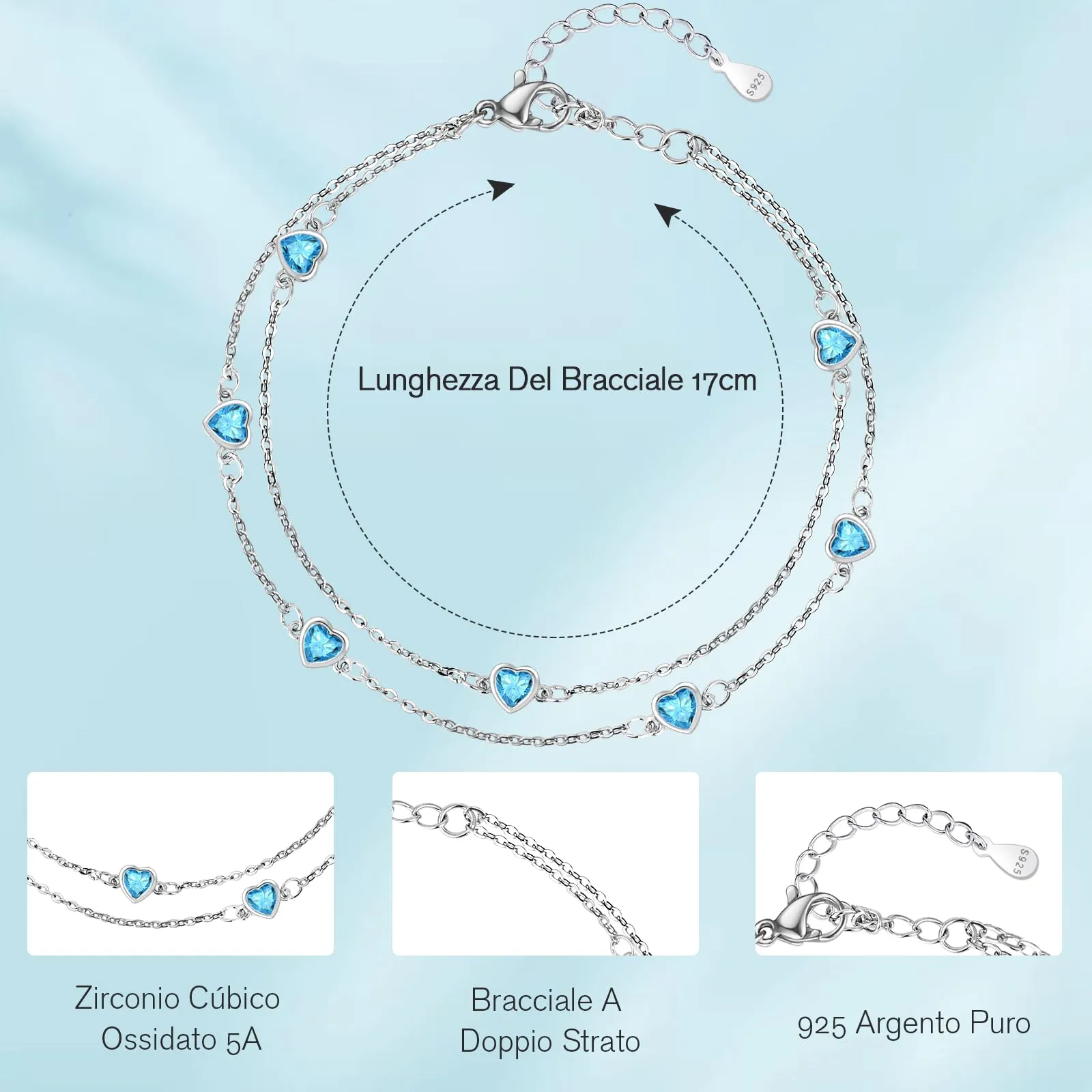 Tusuzik Bracciale Donna Argento 925 Cuore Doppia Catena Regolabile Blu - immagine 3