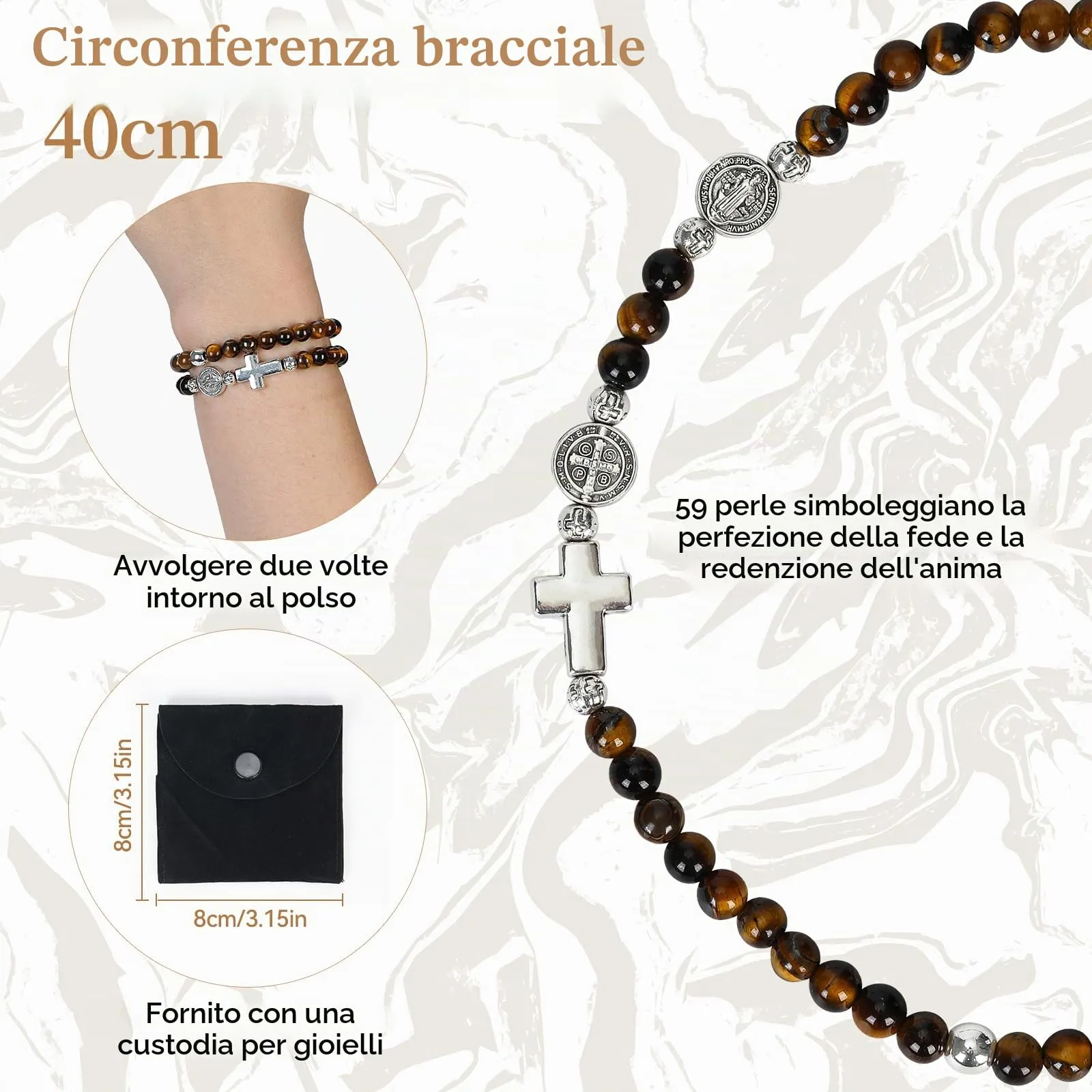 SHIEAGLELD Bracciale Occhio di Tigre Uomo, Bracciali Rosario Cattolica da con Croce e Medaglione di San Benedetto, Braccialetto Ematite Naturale Regalo Spirituale per Papà, Marito, Bambino, Marrone - immagine 2