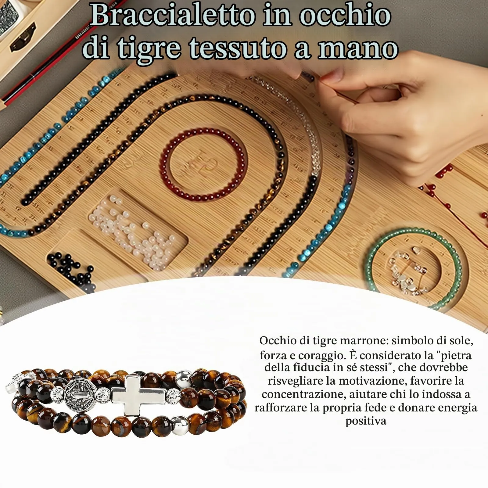 SHIEAGLELD Bracciale Occhio di Tigre Uomo, Bracciali Rosario Cattolica da con Croce e Medaglione di San Benedetto, Braccialetto Ematite Naturale Regalo Spirituale per Papà, Marito, Bambino, Marrone - immagine 3